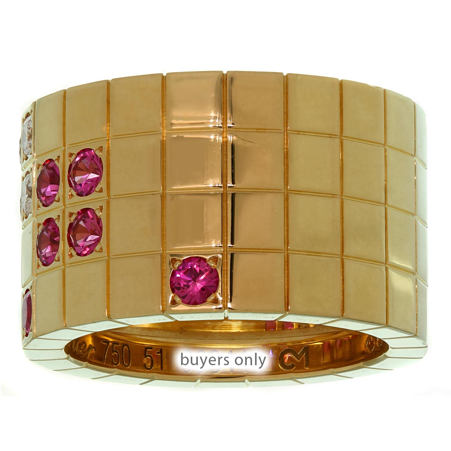 Brilliant Cut Cartier Lanières Diamond Pink Sapphire Yellow Gold Wide Band Ring For Sale
