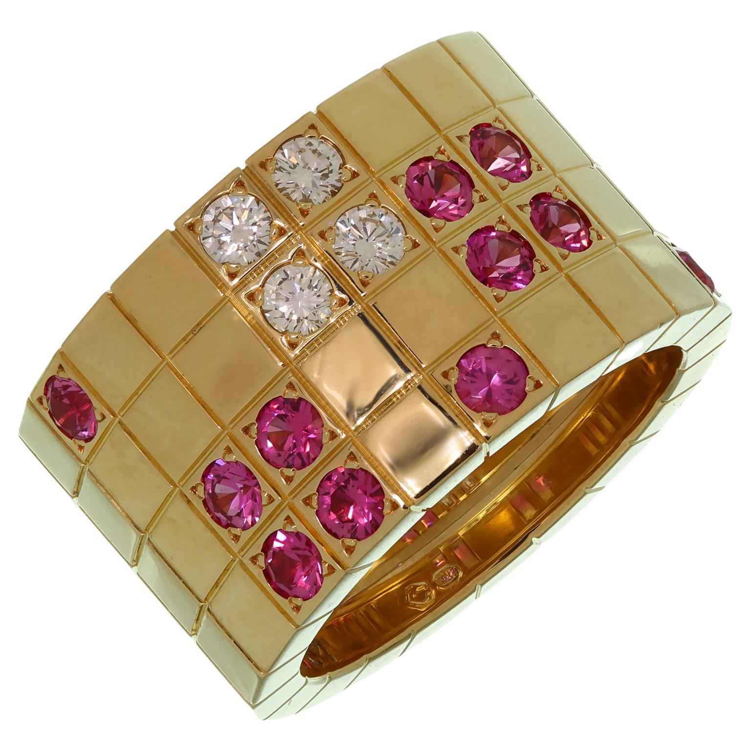 Cartier Lanières Diamond Pink Sapphire Yellow Gold Wide Band Ring