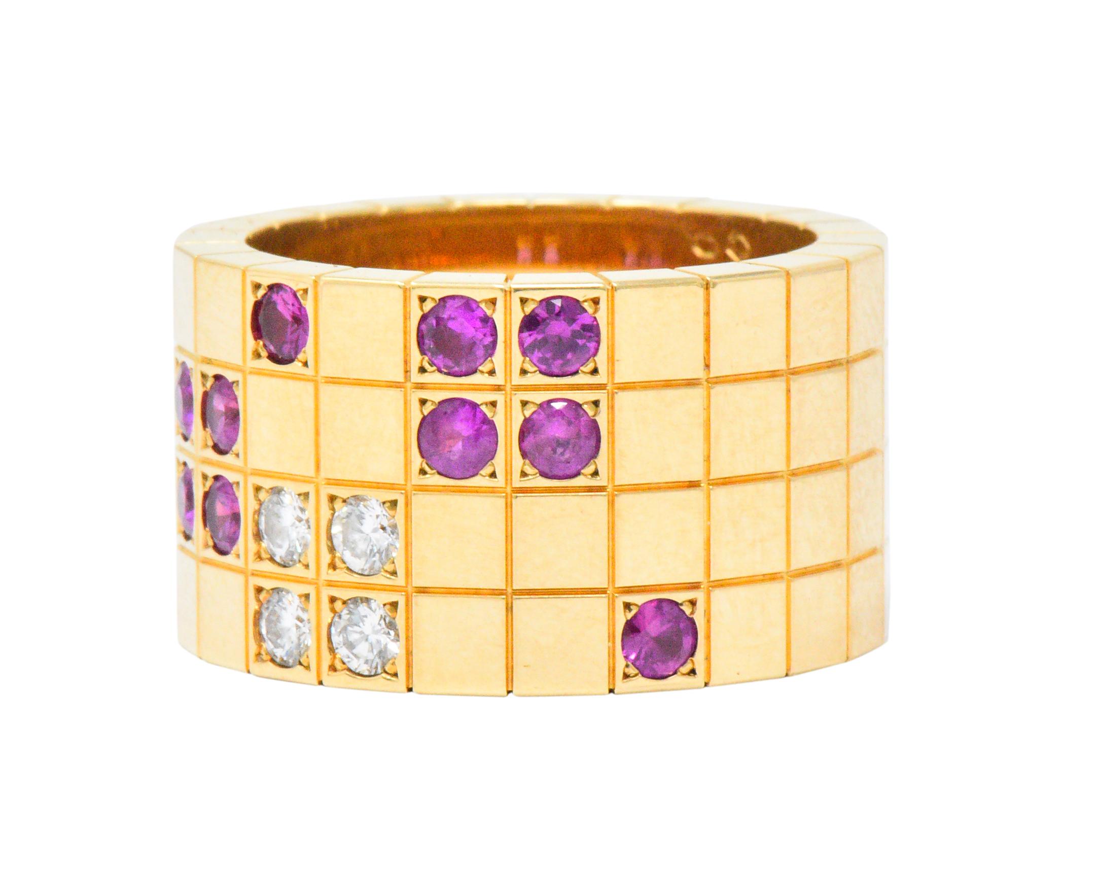 Wide band designed as a continuous sequence of square motifs randomly set with 4 round (D-E color/VVS-VS clarity) diamonds weighing approximately 0.20 CTW and 11 round bright pink sapphires weighing approximately 0.75 CTW

Circa 1990 from the