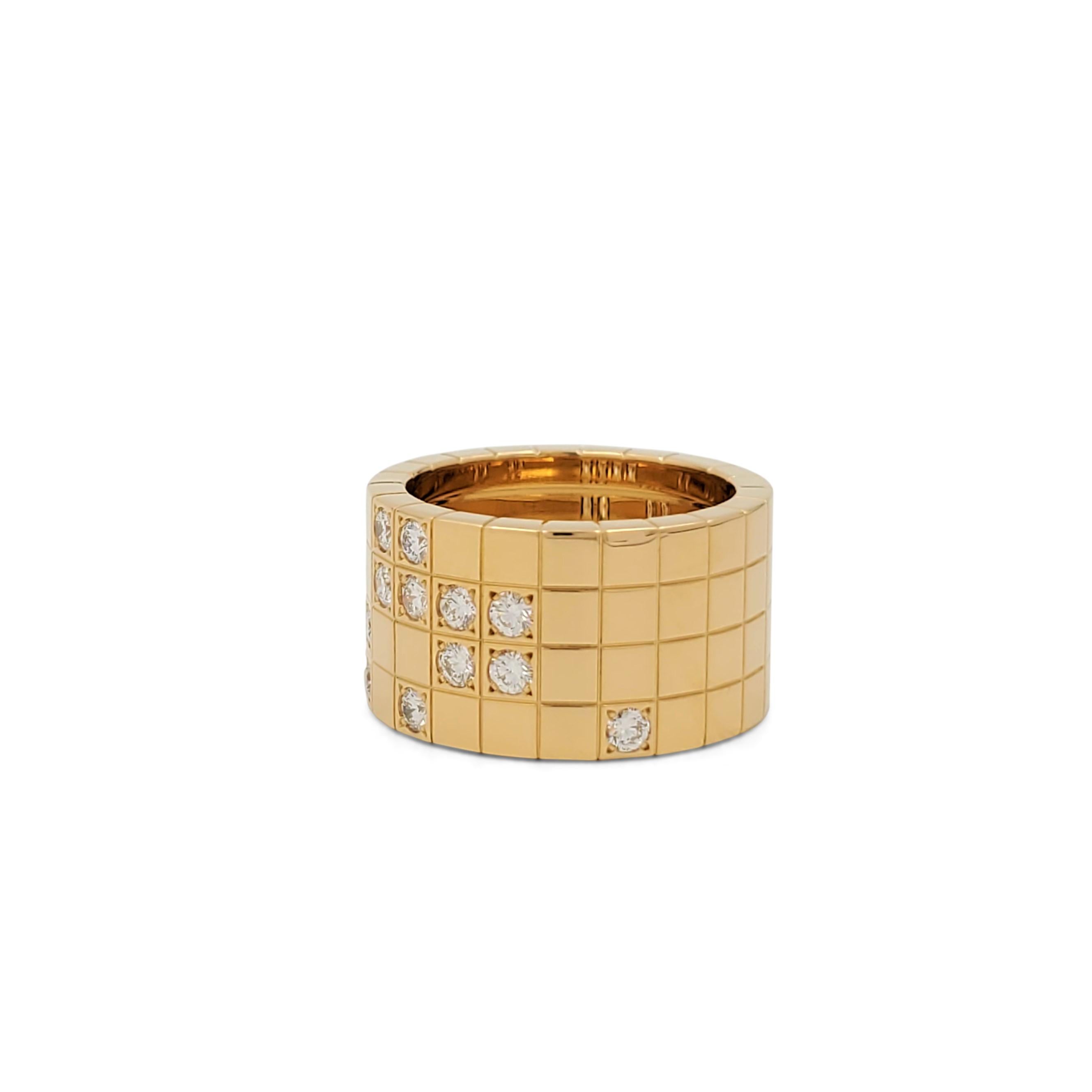 Authentic Cartier 'Lanières' ring crafted in 18 karat yellow gold designed as a continuous sequence of square motifs, accented by a geometric pattern of round brilliant cut diamonds weighing an estimated 0.60 carats total to the front. Signed