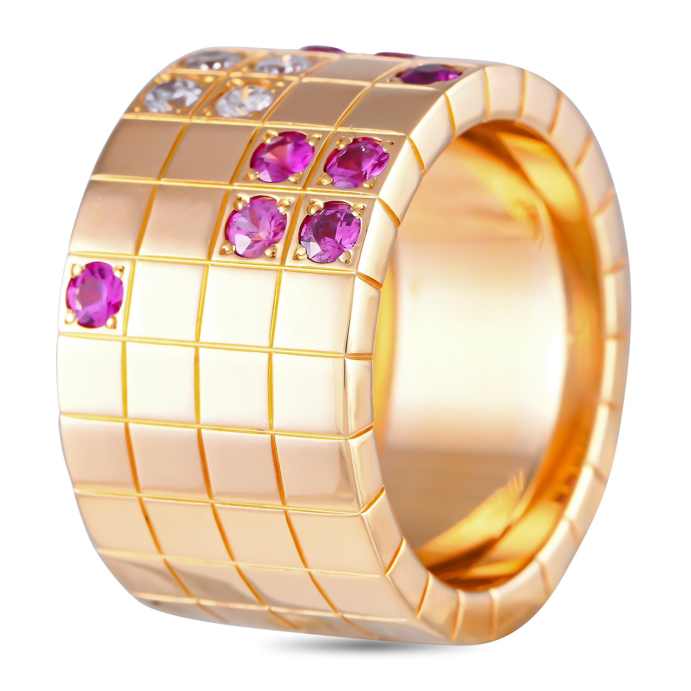 Give any look a boost of sophistication by incorporating this Lanires ring from Cartier. This wide band in solid 18k yellow gold features a textured profile, with a grid-like pattern of perfect squares. For a stunning visual appeal, diamonds and