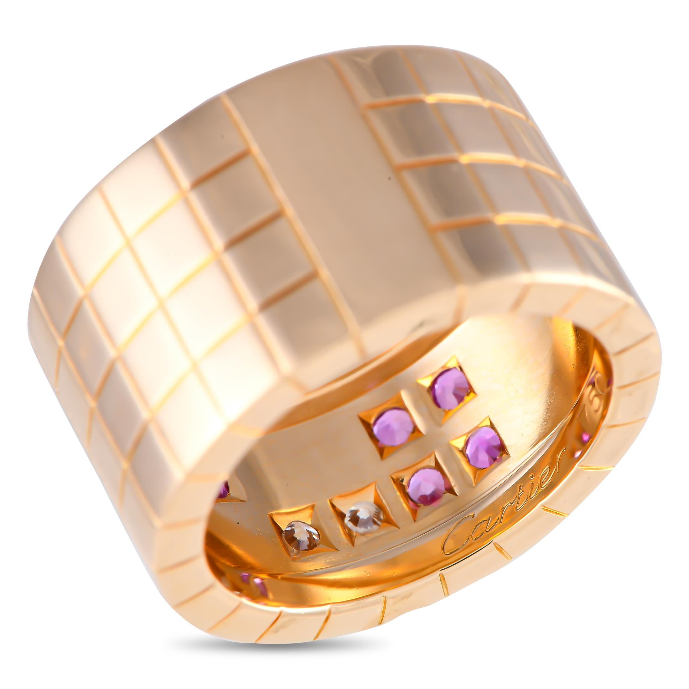Round Cut Cartier Lanires 18K Rose Gold Diamond and Pink Sapphire Four Row Ring
