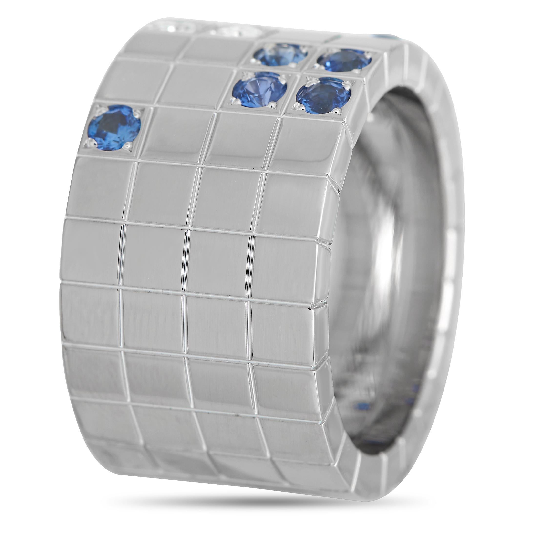 From Cartier's Lanires Collection, here is a geometric ring that radiates elegance. Its 12mm-thick white gold band features a tiled design, with perfect squares detailed with flush-set diamonds and sapphires.This Cartier Lanires 18K White Gold