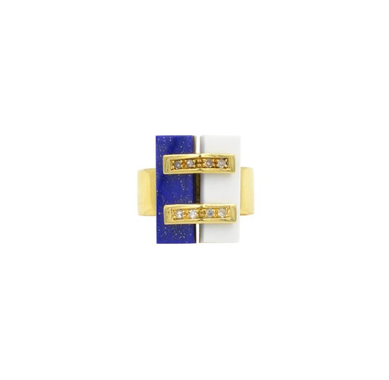 Super stylish Cartier ring with Lapis and White Coral.  Set with 8 single cut round diamonds.  Circa 1970.  Marked 