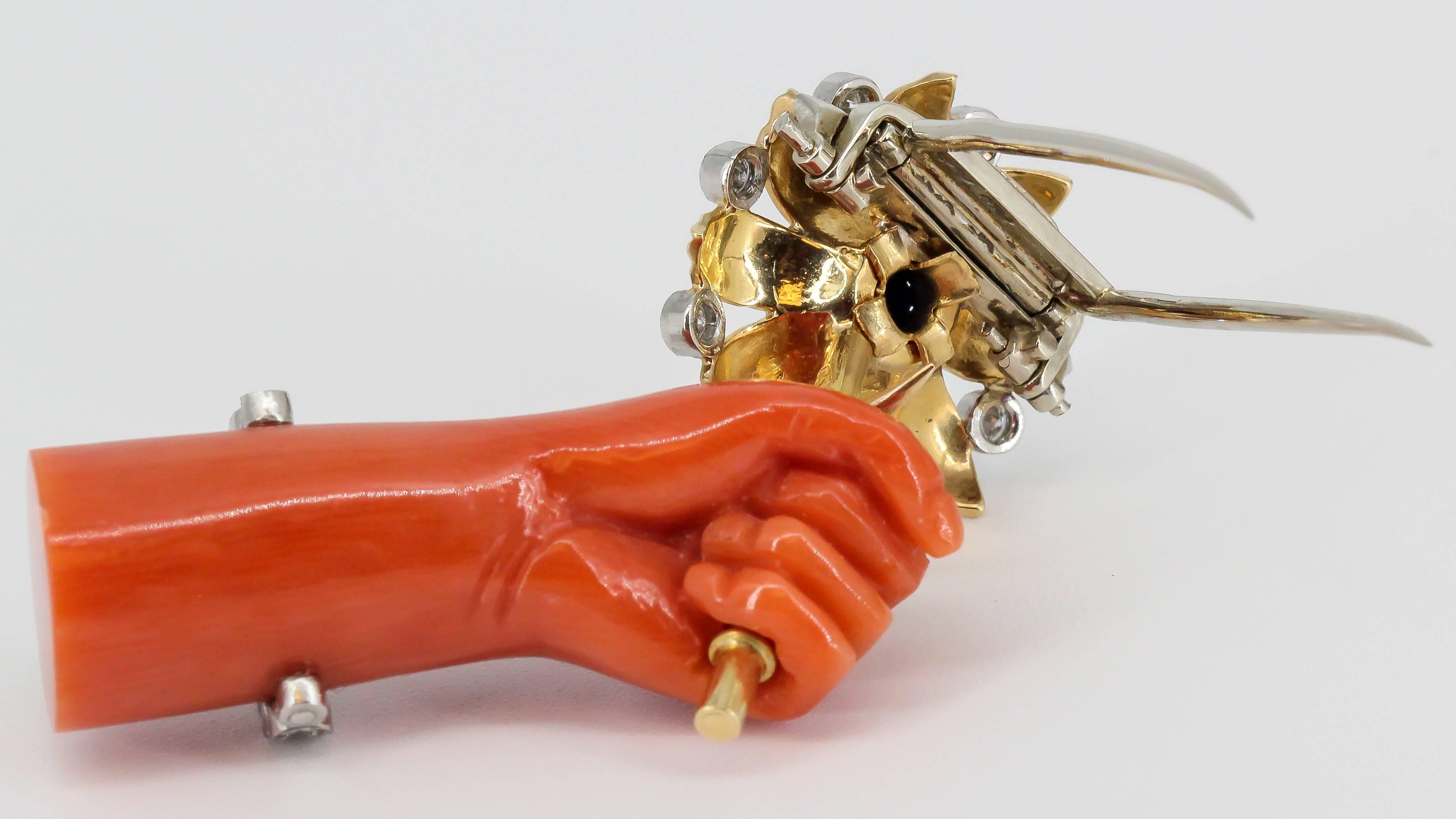 Women's Cartier Lapis, Diamond, Coral Platinum and Gold Hand Holding Flower Brooch For Sale