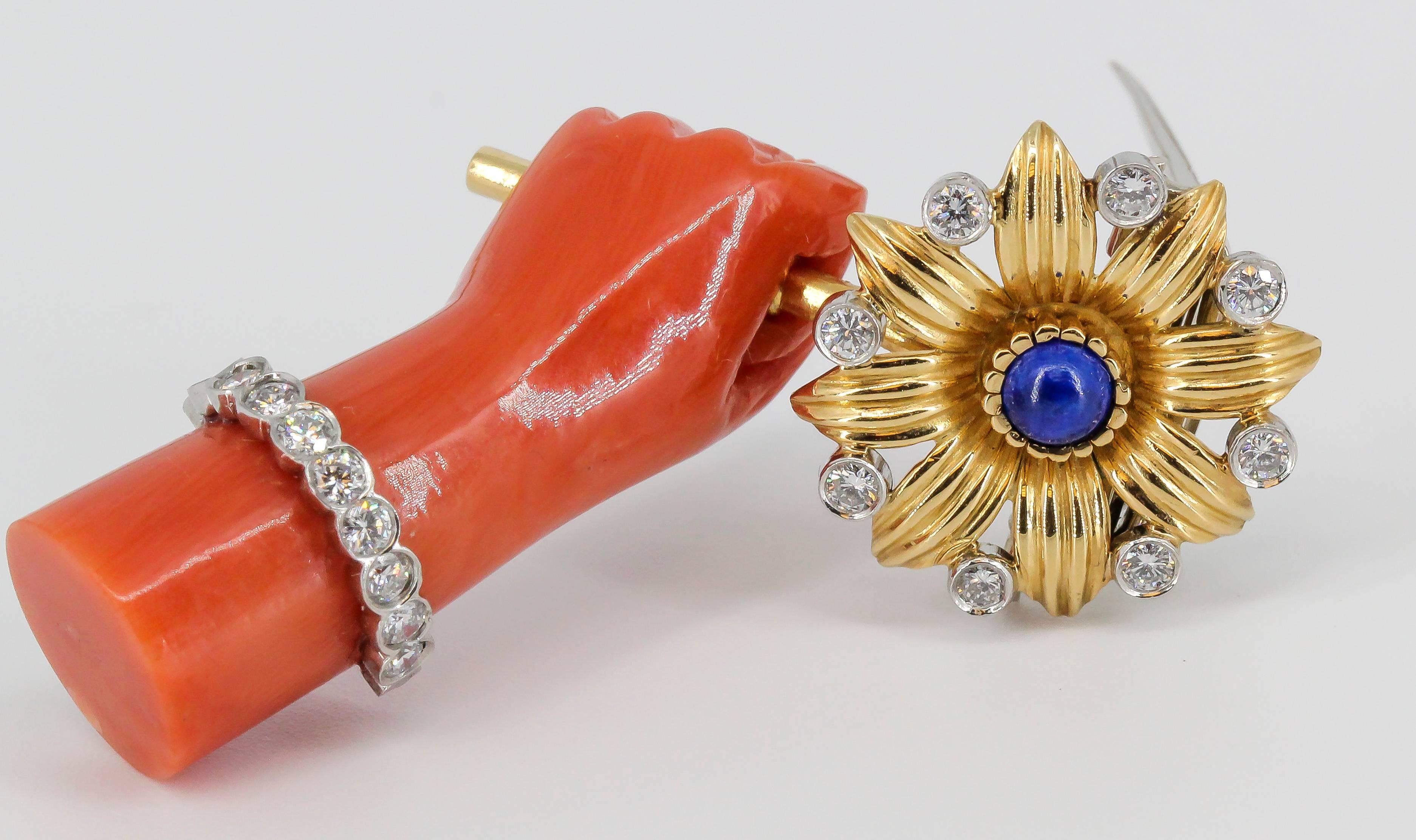Cartier Lapis, Diamond, Coral Platinum and Gold Hand Holding Flower Brooch For Sale 1