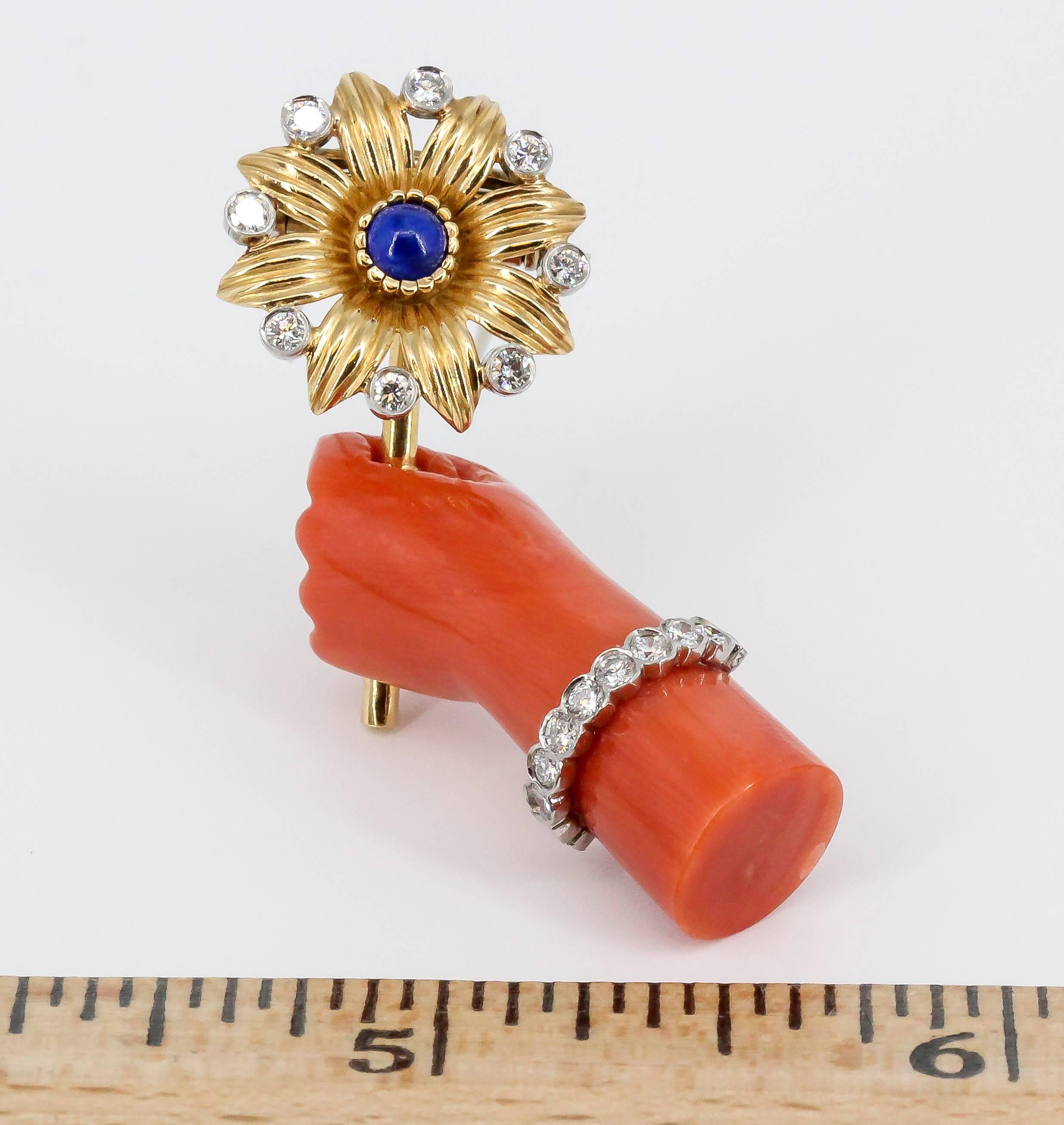 Cartier Lapis, Diamond, Coral Platinum and Gold Hand Holding Flower Brooch For Sale 3