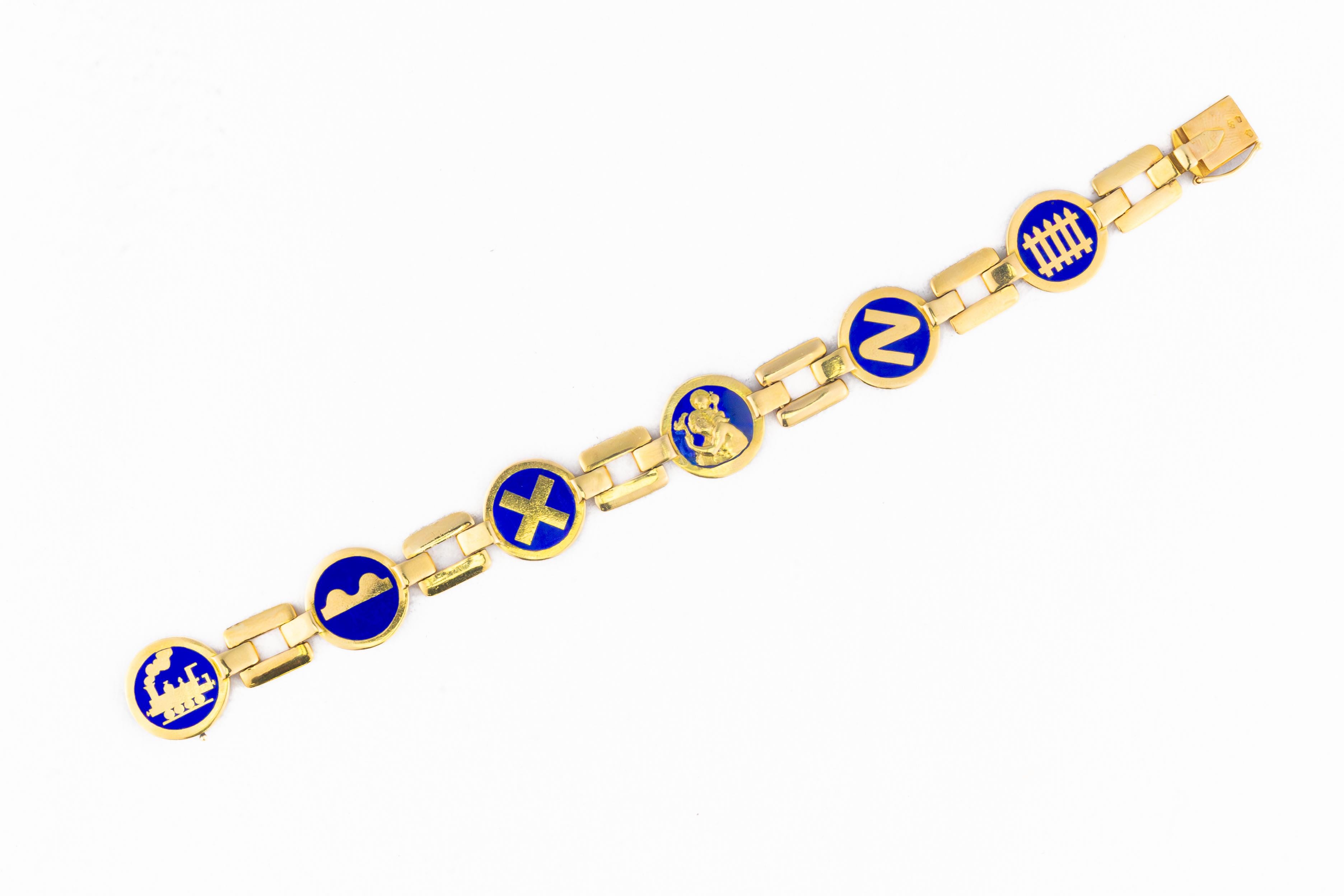 Cartier Lapis Lazuli and 18k Gold Transportation Motif Bracelet

A striking and rare Cartier bracelet, this remarkable piece showcases a series of lapis lazuli inlays set in 18k yellow gold, each adorned with intricate transportation symbols. The