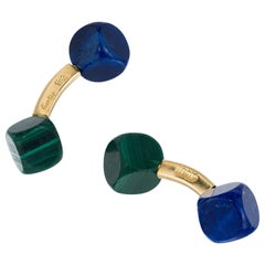 Vintage Cartier Lapis Malachite Yellow Gold Double Sided Cufflinks