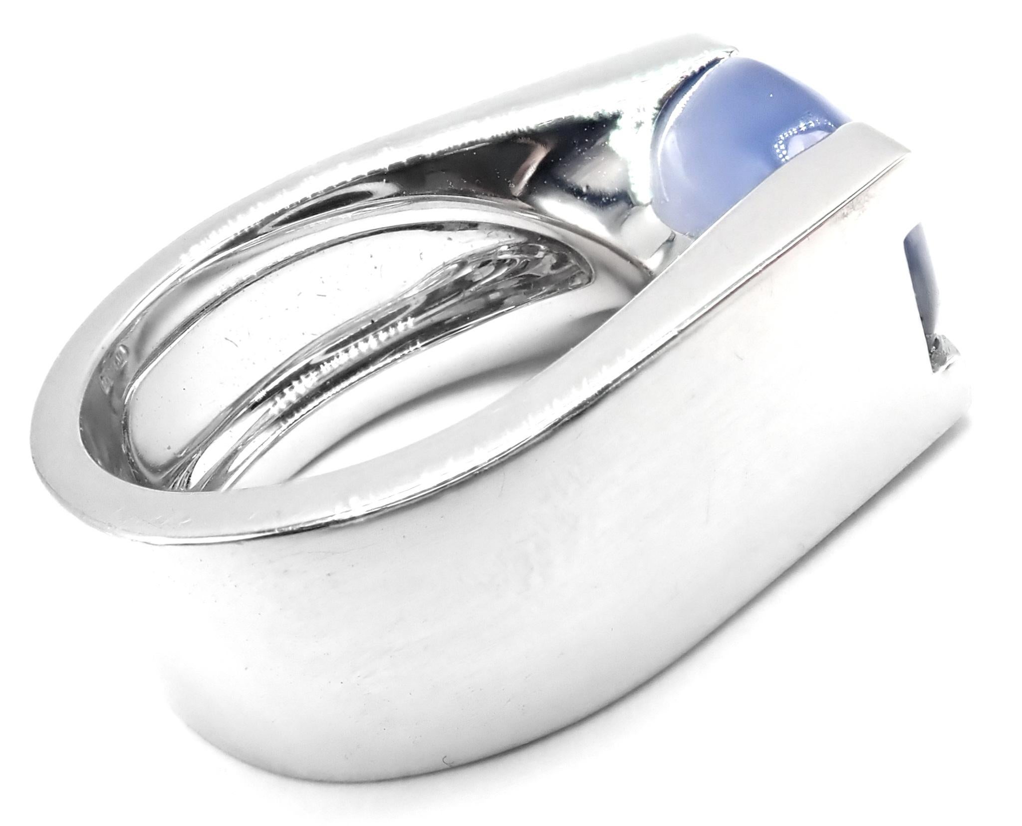 18k White Gold Large Chalcedony Ring by Cartier. 
With 1 oval chalcedony 15 x 10 mm.
This ring comes with service paper from Cartier store and a Cartier store.
Details: 
Ring Size: 6 US or 52 (European)
Weight: 20.9 grams
Stamped Hallmarks: Cartier