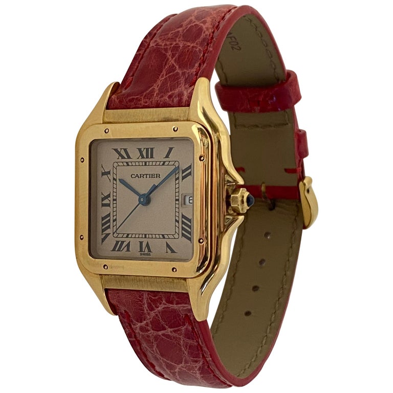 Cartier Large Panthere Watch 18 Karat Yellow Gold Leather Strap Quartz
