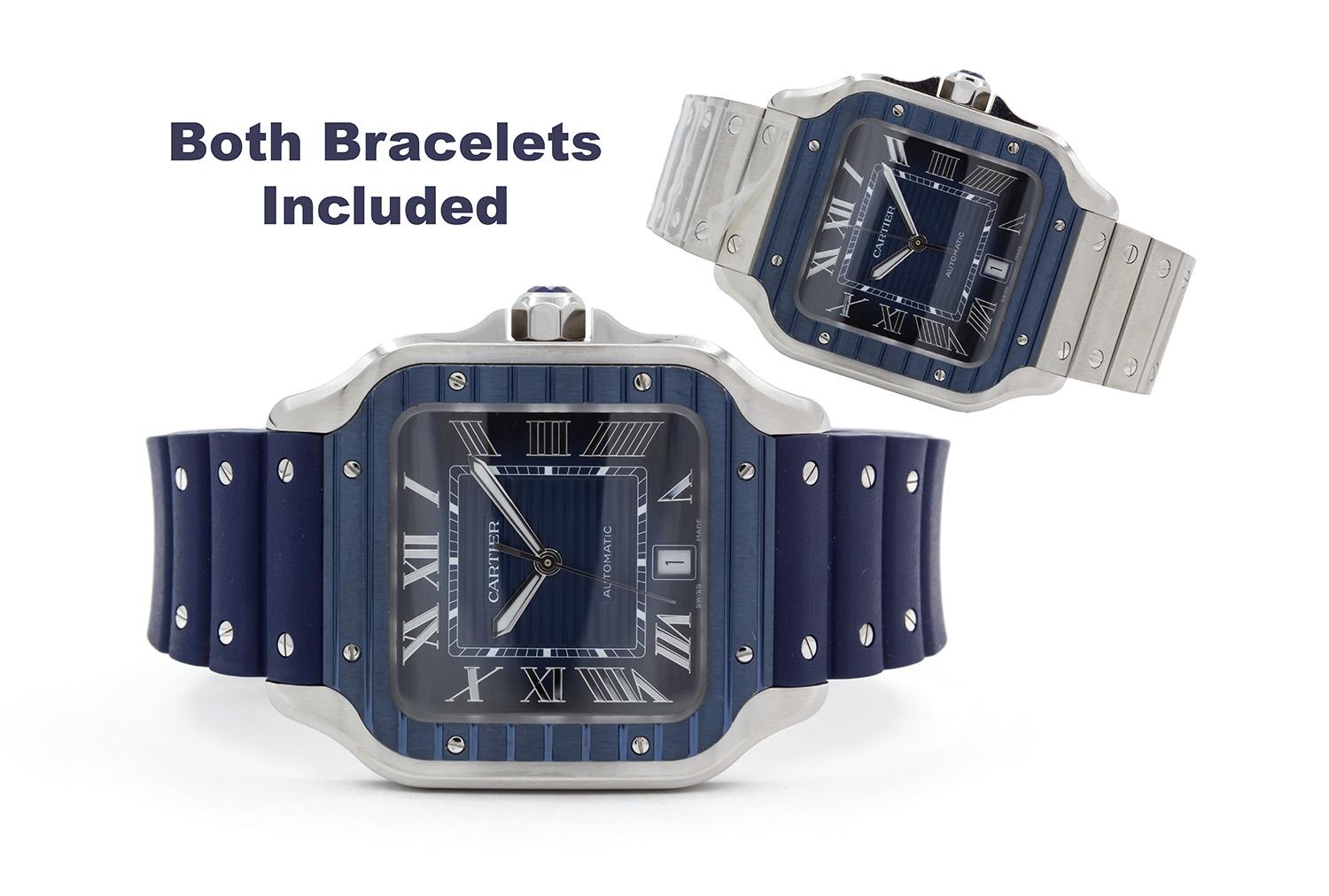 We are pleased to offer this 2022 Large Cartier Santos De Cartier WSSA0048 with extended international good through 05/2030. It comes with the Cartier blue rubber strap and unworn Cartier stainless steel bracelet which still has the protective