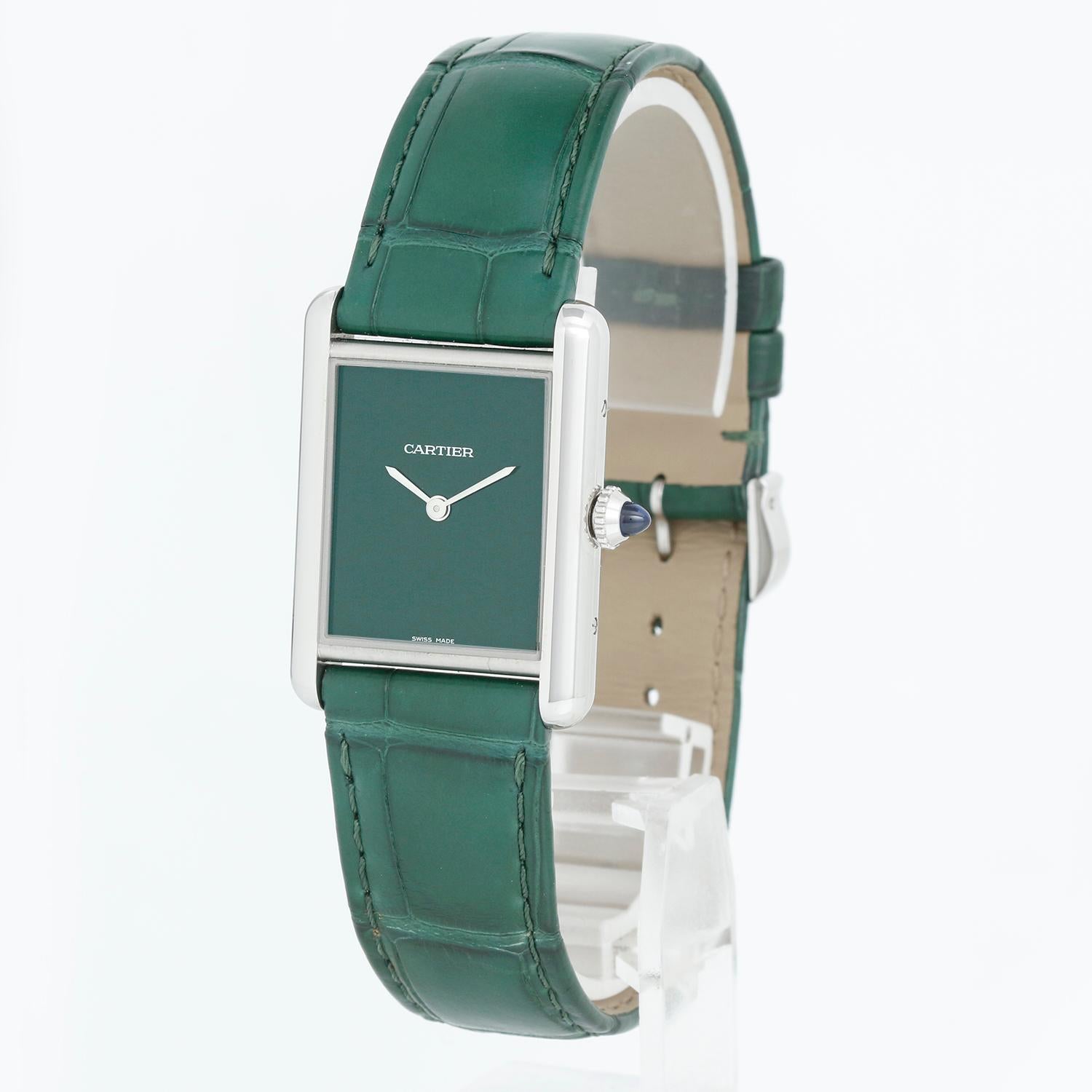 Cartier Large Steel Tank Must Watch Green Watch Ref. WSTA0056 - Quartz movement. Stainless Steel case ( 25 mm x 33mm ). Green lacquered dial. Green Cartier Leather Strap with Stainless Steel Cartier Tang Buckle. Pre-owned with Cartier box and