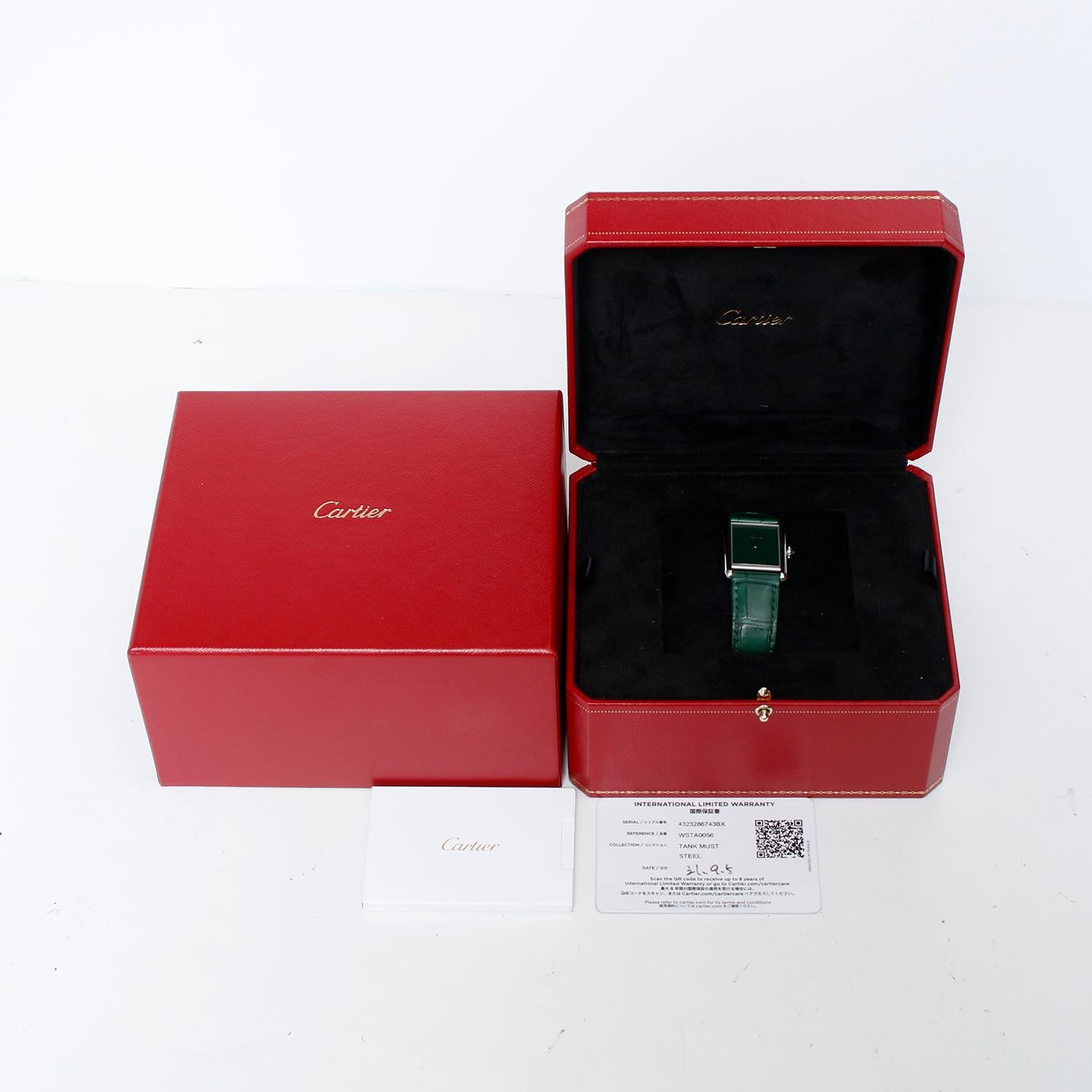 Cartier Large Steel Tank Must Watch Green Watch Ref. WSTA0056 In Excellent Condition In Dallas, TX
