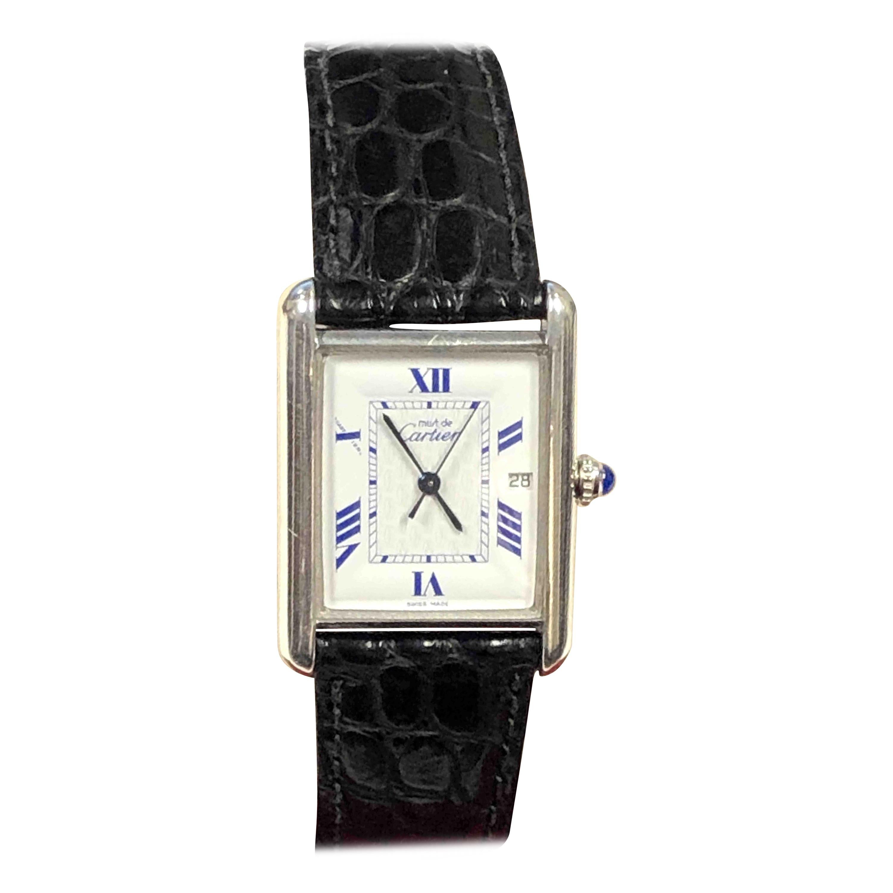 Cartier Large Sterling Calendar Classic Tank Quartz Wristwatch