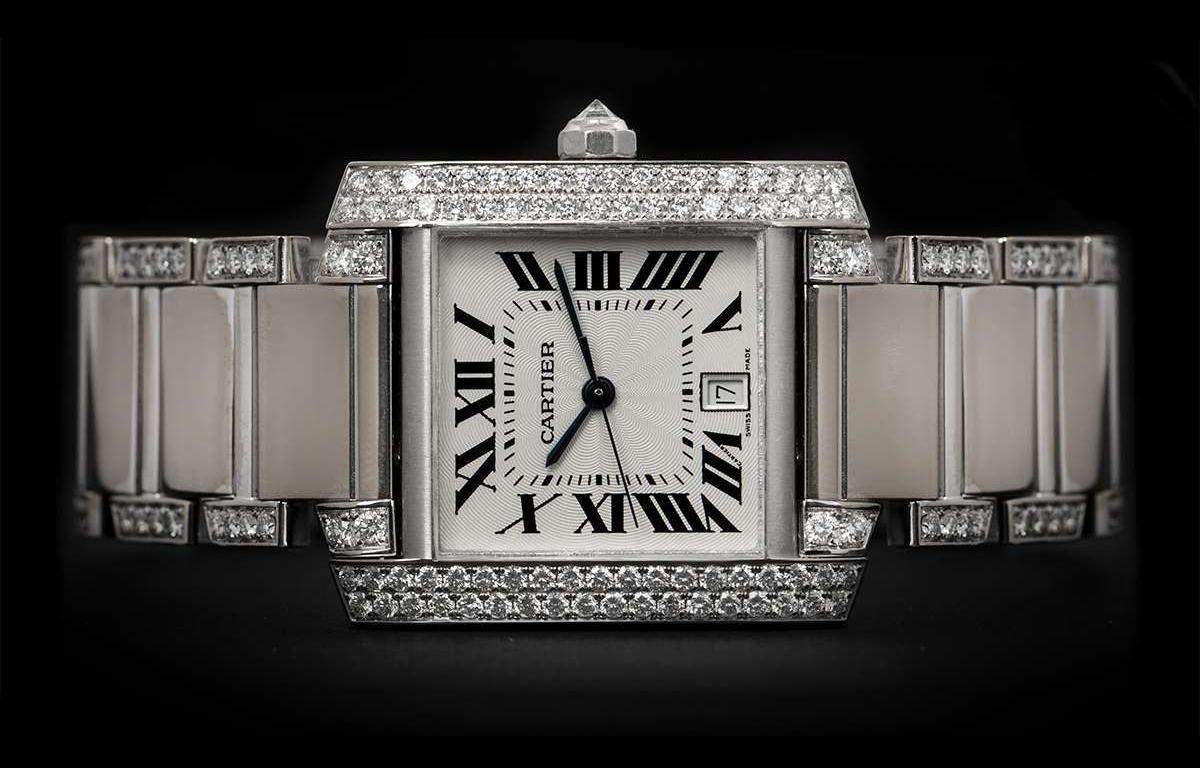 Round Cut Cartier Large Tank Francaise White Gold Silver Dial Diamond Set WE1003SF