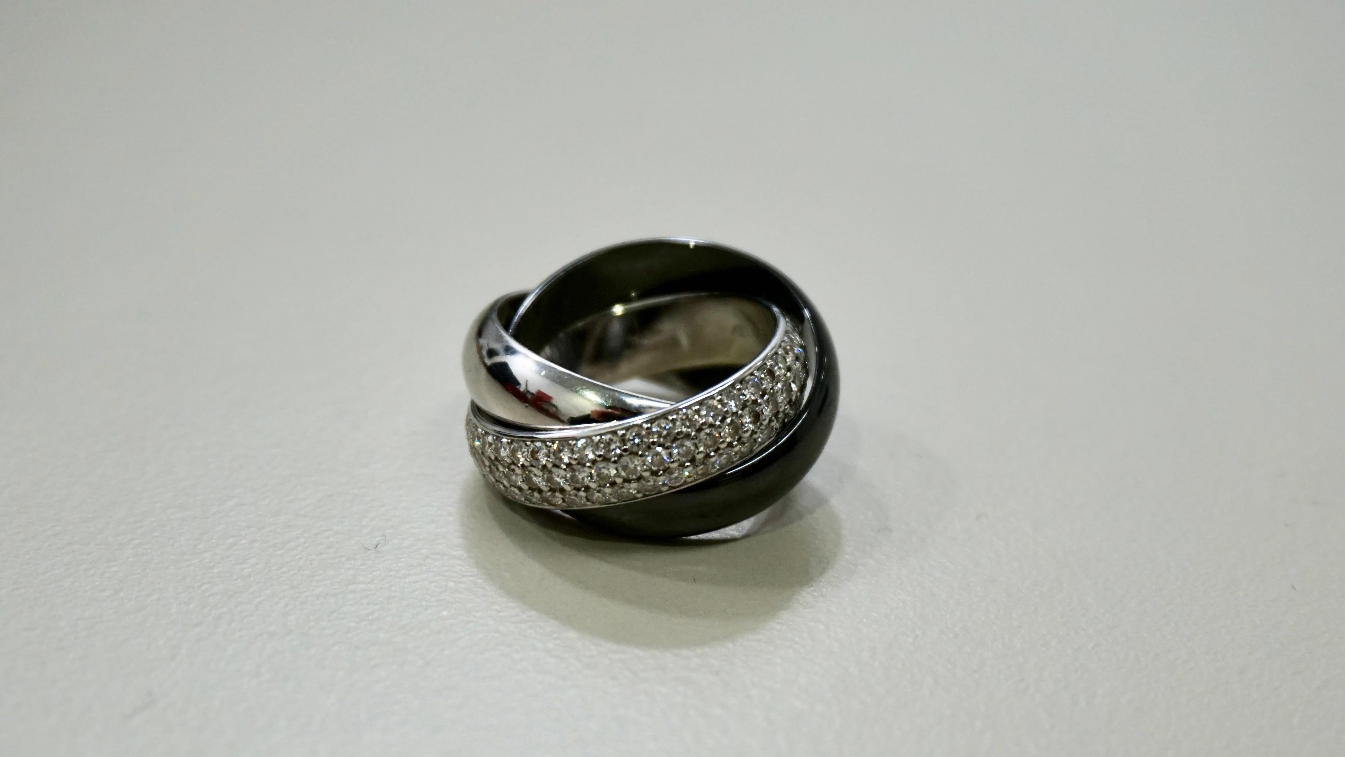 Cartier Großer Dreifaltigkeitsring, Diamantbesatz Größe 50 - Platin Weißgold & Keramik im Angebot 5