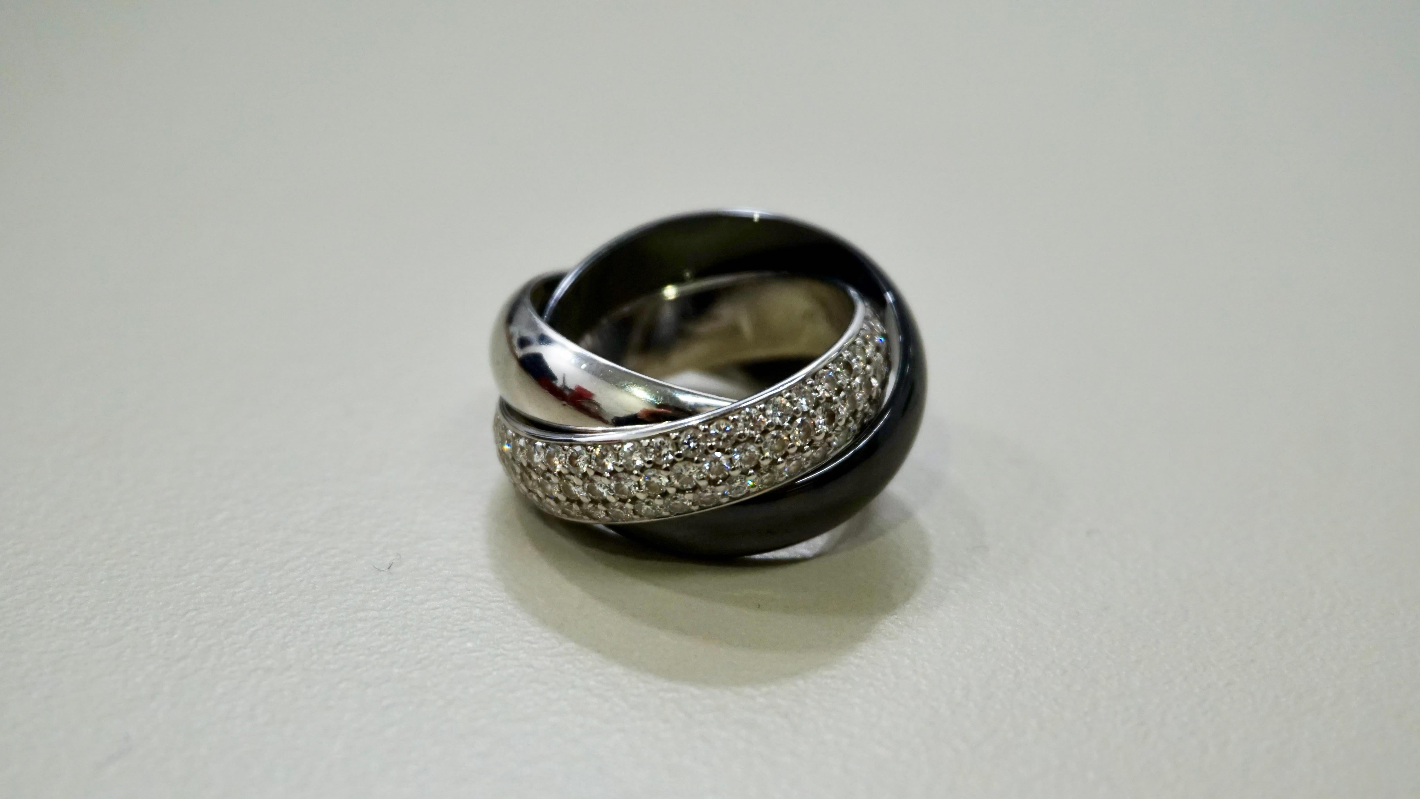 Cartier Großer Dreifaltigkeitsring, Diamantbesatz Größe 50 - Platin Weißgold & Keramik im Angebot 6
