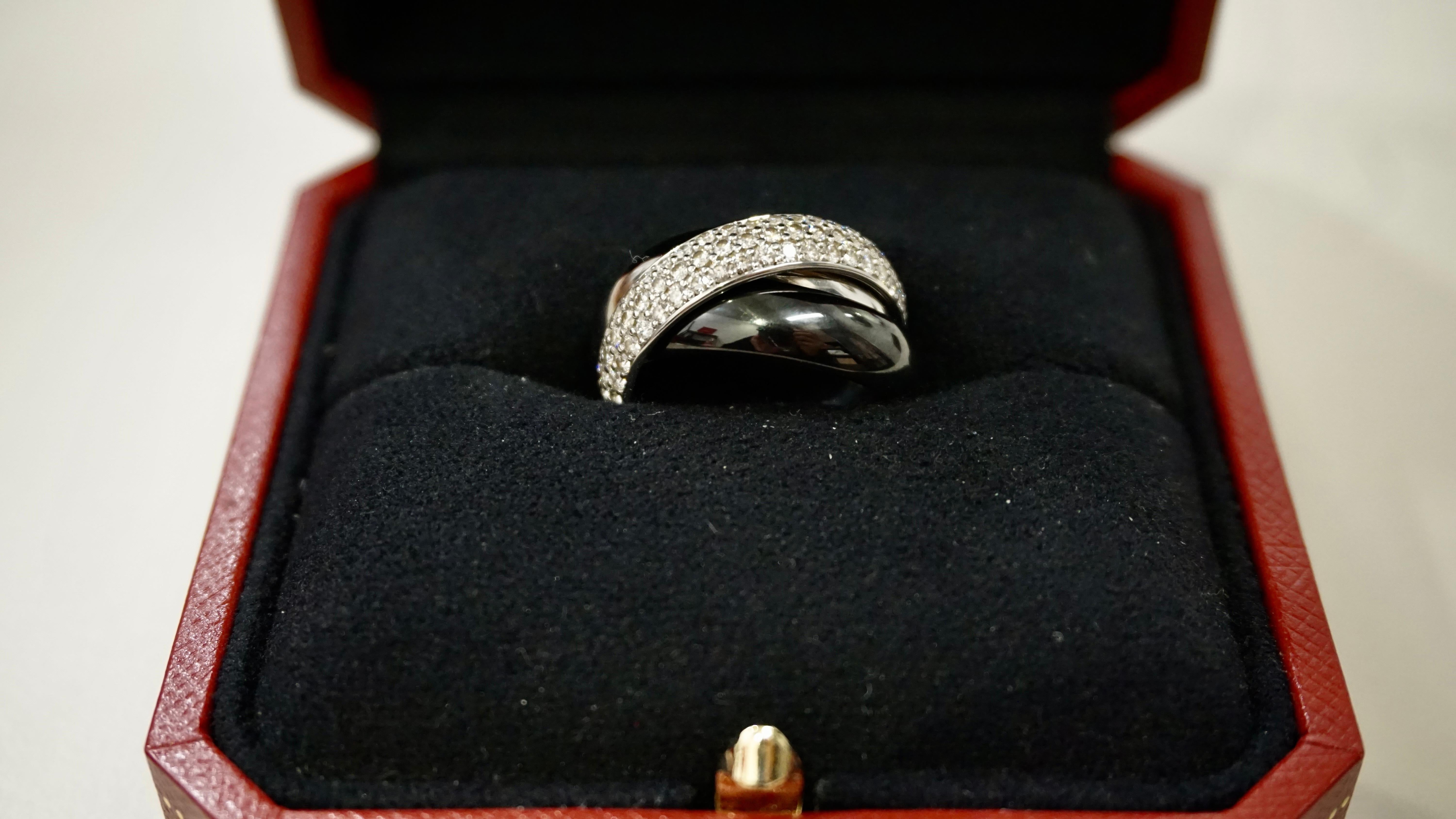 Cartier Großer Dreifaltigkeitsring, Diamantbesatz Größe 50 - Platin Weißgold & Keramik im Angebot 2