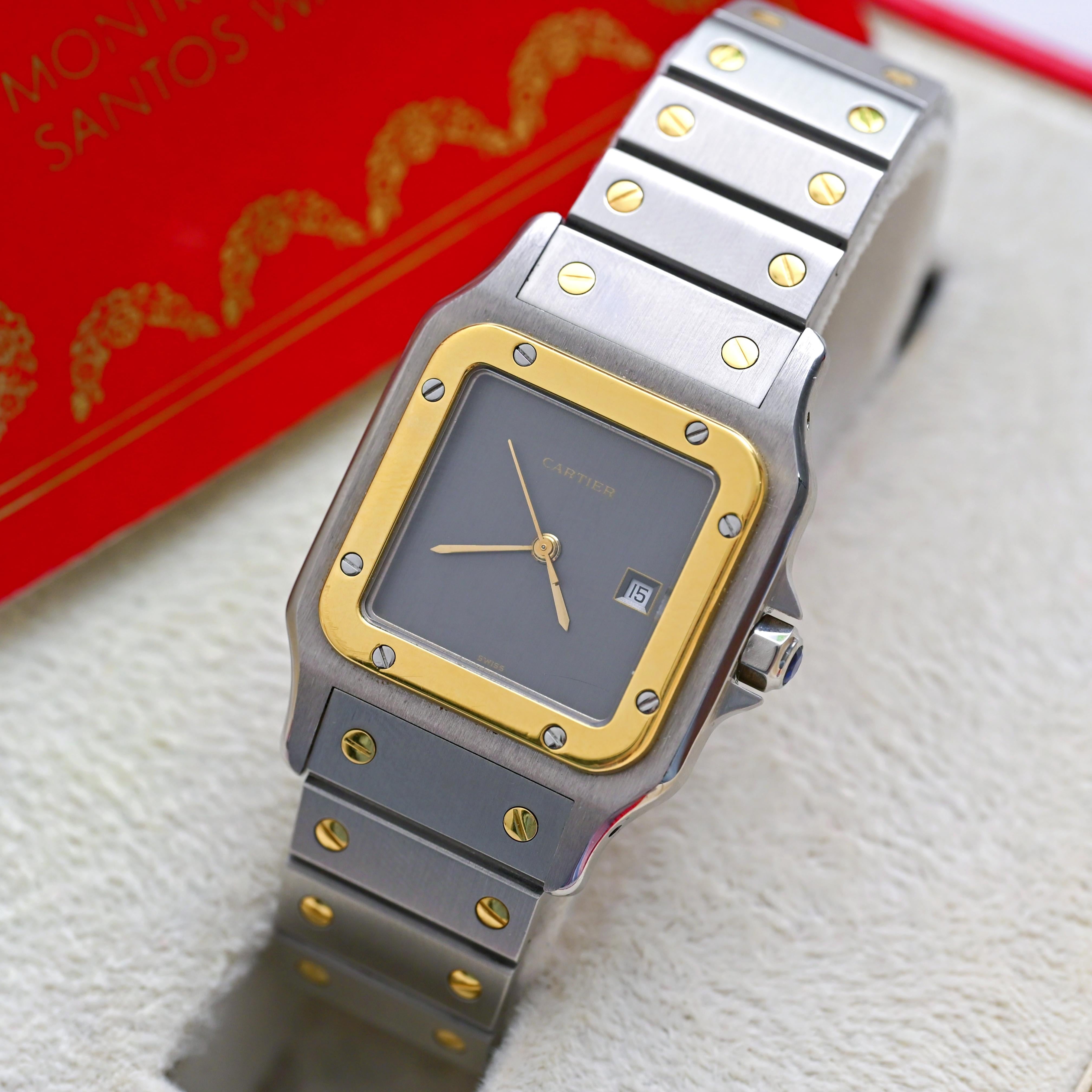 Cartier Large Two-Tone 18K YG & Stainless Steel Santos Automatic 2961, 1980's In Good Condition In Central & Western District, HK