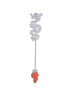 Cartier Le Baiser Du Dragon 18k White Gold Diamond Emerald and Coral Pin Brooch