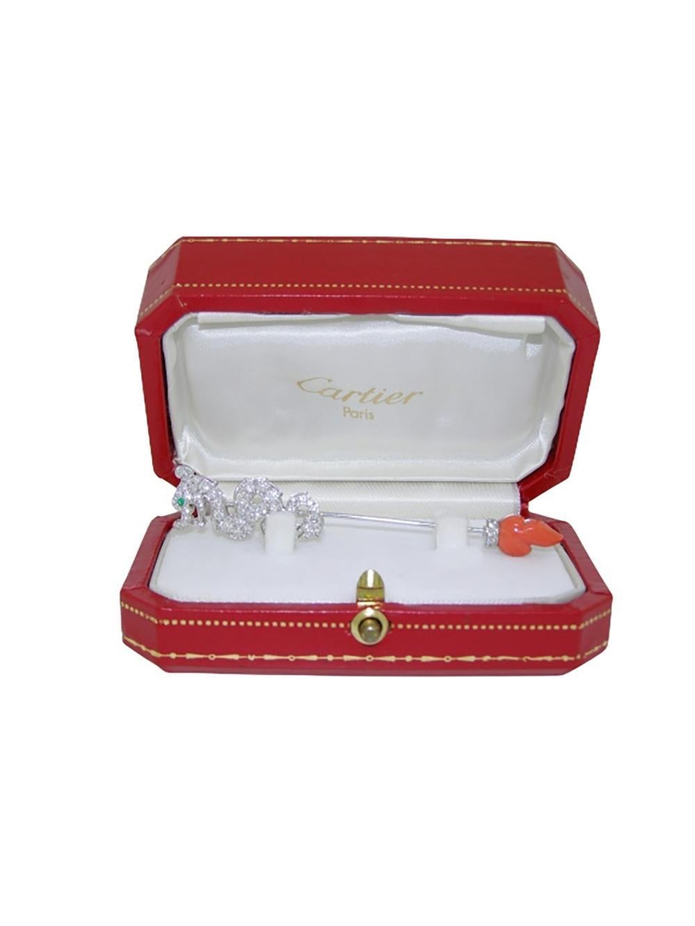 Cartier Le Baiser Du Dragon 18k White Gold Diamond Emerald and Coral Pin Brooch In Excellent Condition In Dania Beach, FL