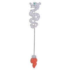 Cartier Le Baiser Du Dragon 18k White Gold Diamond Emerald and Coral Pin Brooch