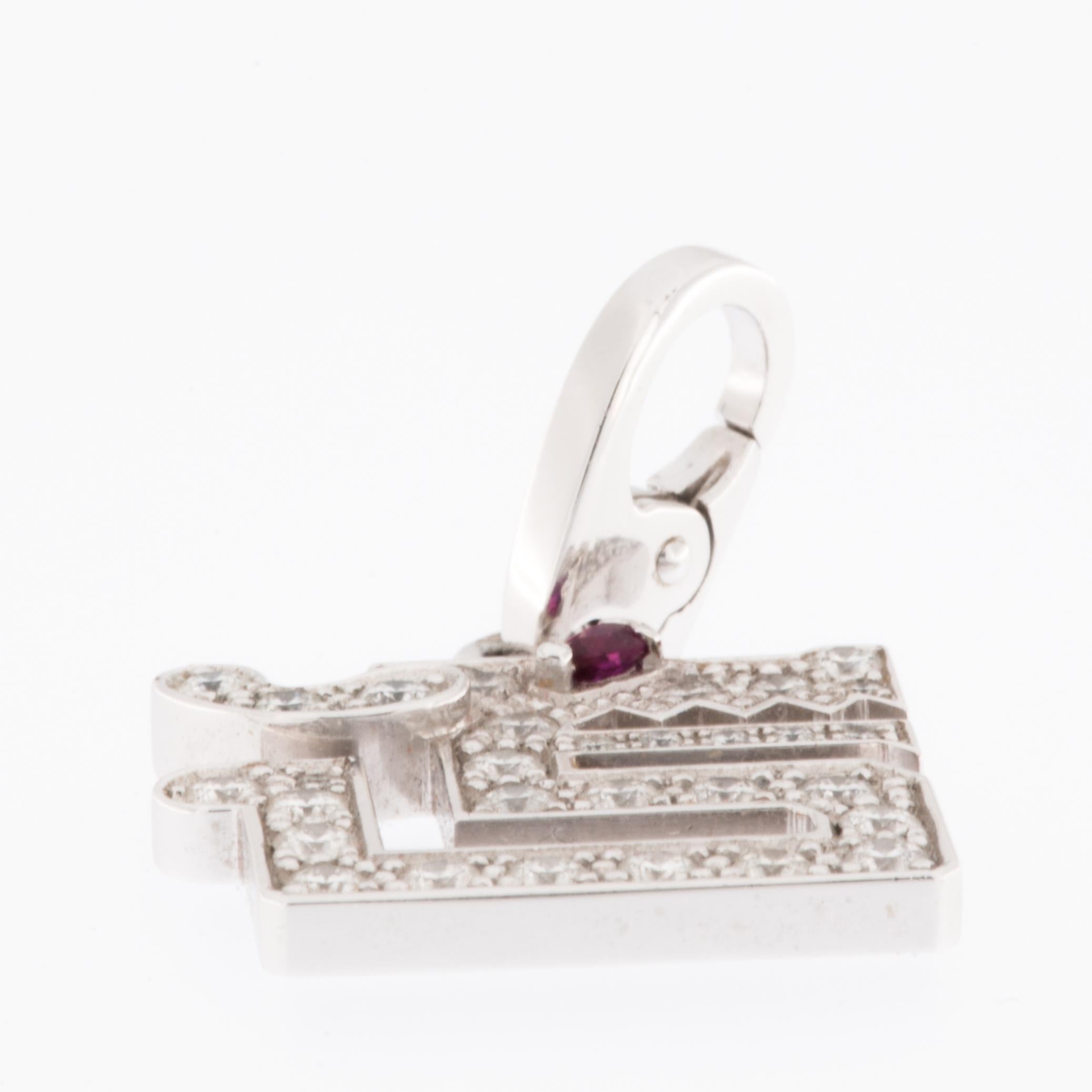 Mixed Cut Cartier Le Baiser du Dragon Charm Pendant 18 karat White Gold Diamonds and Ruby For Sale