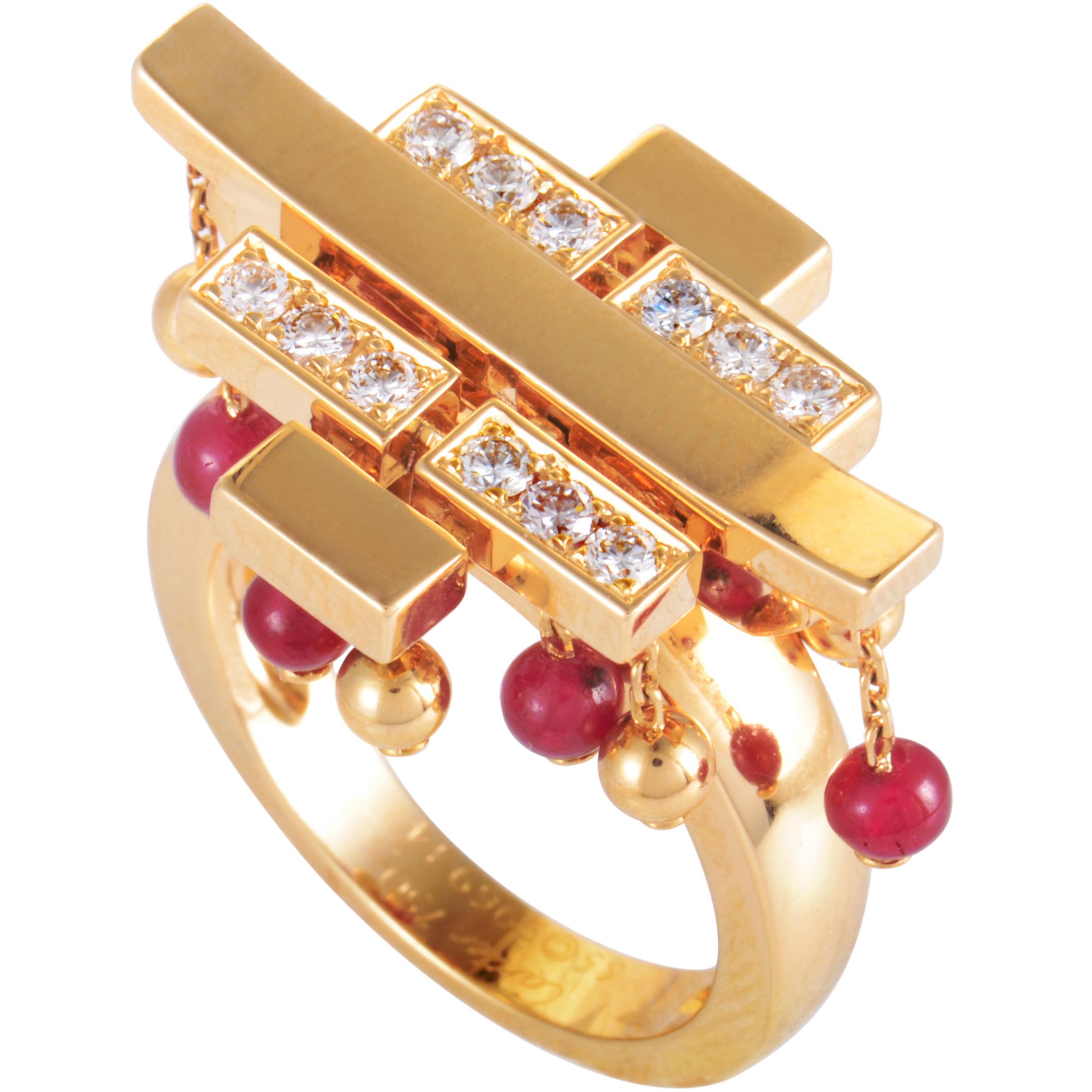 Cartier Le Baiser du Dragon Diamond Pave and Ruby Yellow Gold Tassel Ring