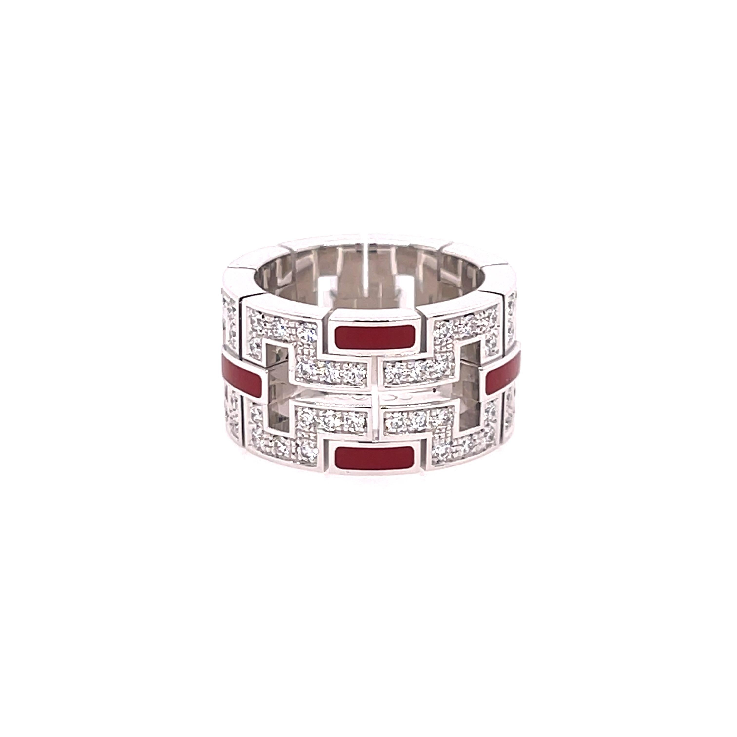 Cartier Le Baiser du Dragon Diamond & Red Enamel Ring in 18K White Gold. The ring features 84 brilliant round cut diamonds with an approximate 1.20ctw, G color, and VS clarity. 
Ring size 4.5 
11mm wide