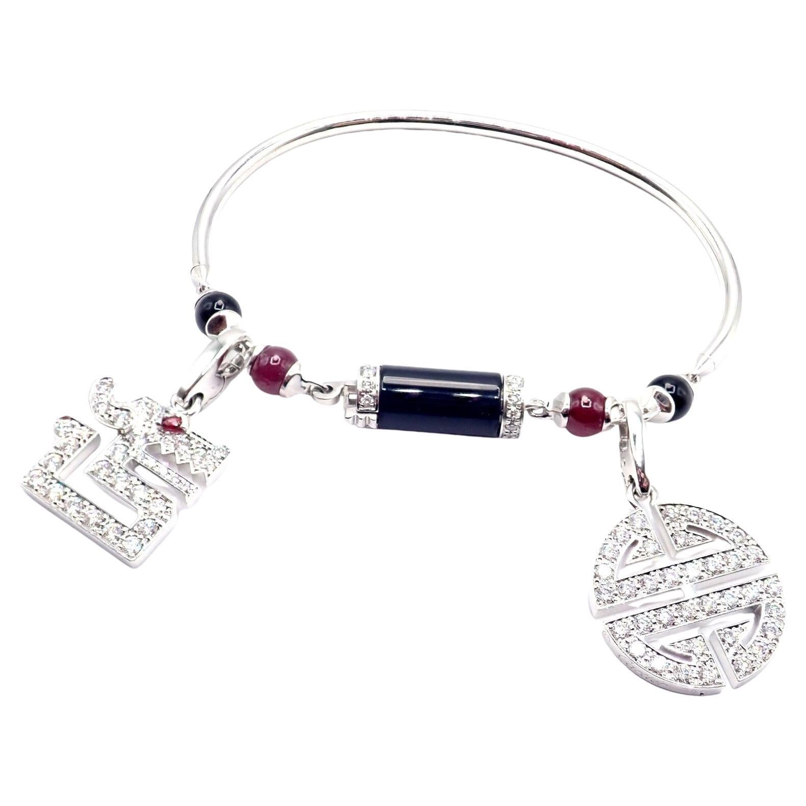 Cartier Le Baiser Du Dragon Diamond Ruby Onyx Two Charms White Gold Bracelet For Sale