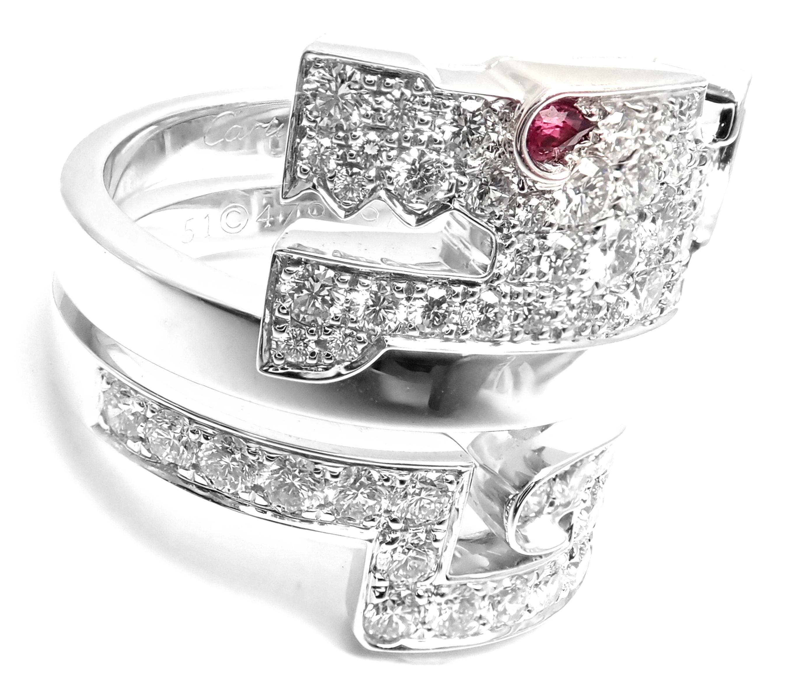 18k White Gold Le Baiser Du Dragon Diamond Ruby Ring by Cartier. 
With 56 round brilliant cut diamonds VVS1 clarity, E color total weight 
approx. 1.68ct
Details: 
Ring Size: European 51, US 5 3/4
Width: 19mm
Weight: 13.9 grams
Stamped Hallmarks: