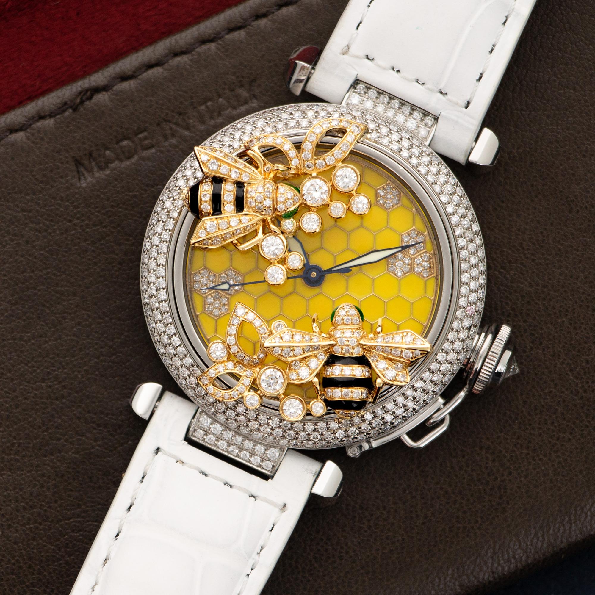 A Cartier Pasha With Custom Diamond and Enamel Work in the motif of Bumble Bees. Inspired by the 