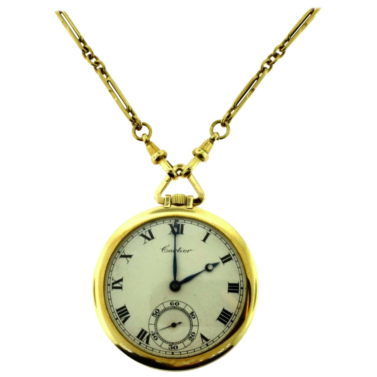 Cartier Le Coultre European Movement Pocket Watch in Yellow Gold with Chain