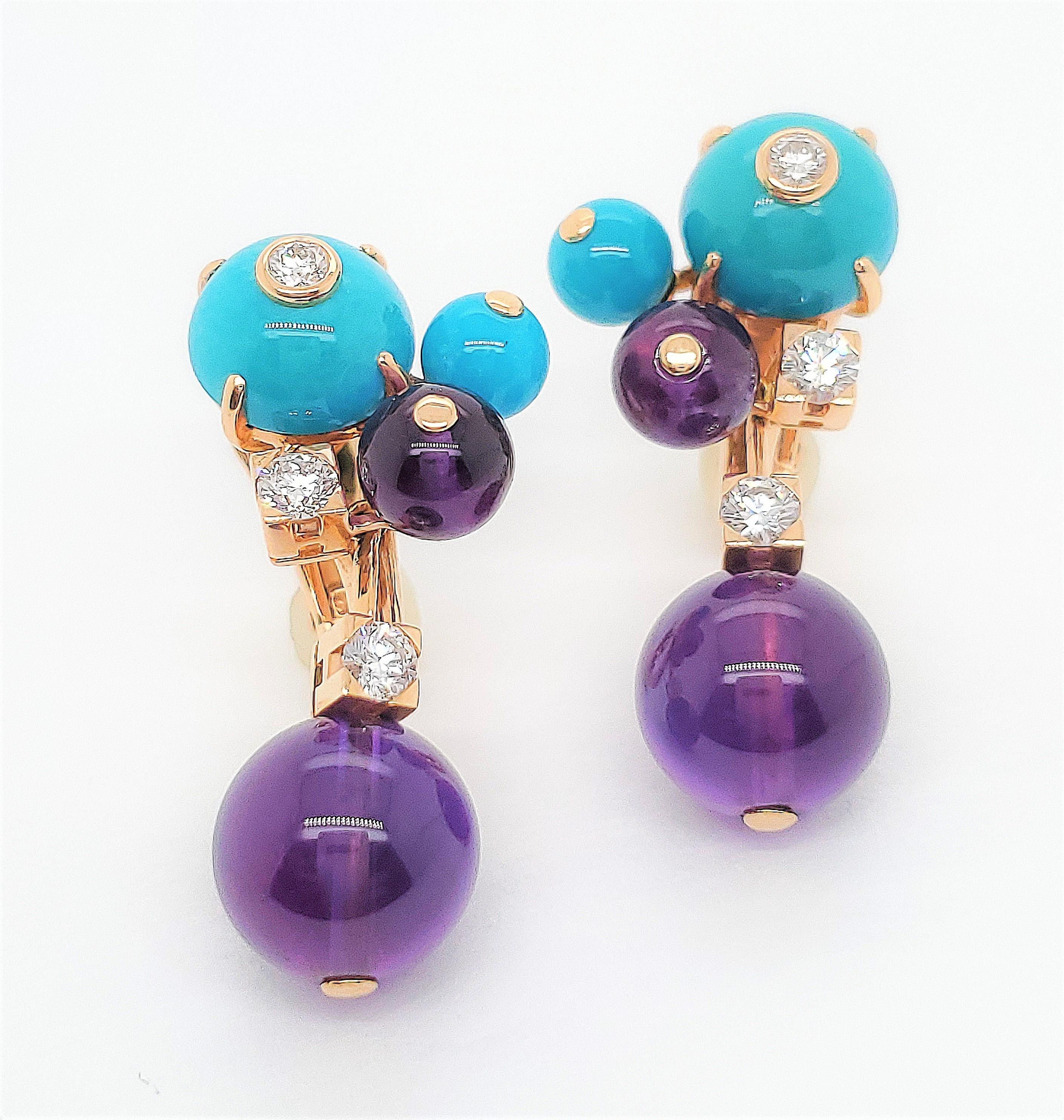 Authentic Cartier Les Delices de Goa collection earrings crafted in 18 karat yellow gold and bejeweled with turquoise and amethyst beads as well as 0.50 carats of round brilliant cut diamonds (F color, VS clarity). Signed Cartier, 750. The earrings