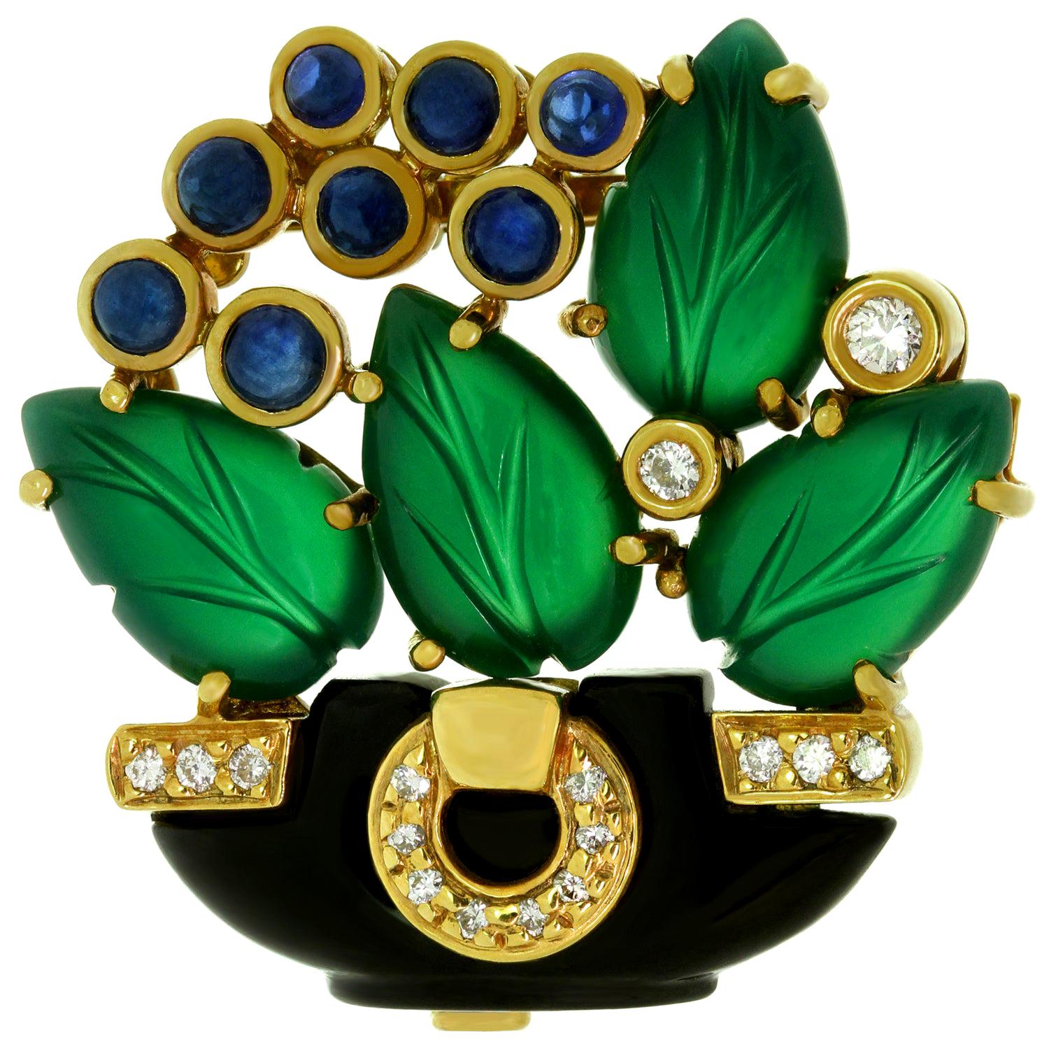 Cartier Les Indes Galantes Agate Onyx Sapphire Diamond Floral Brooch