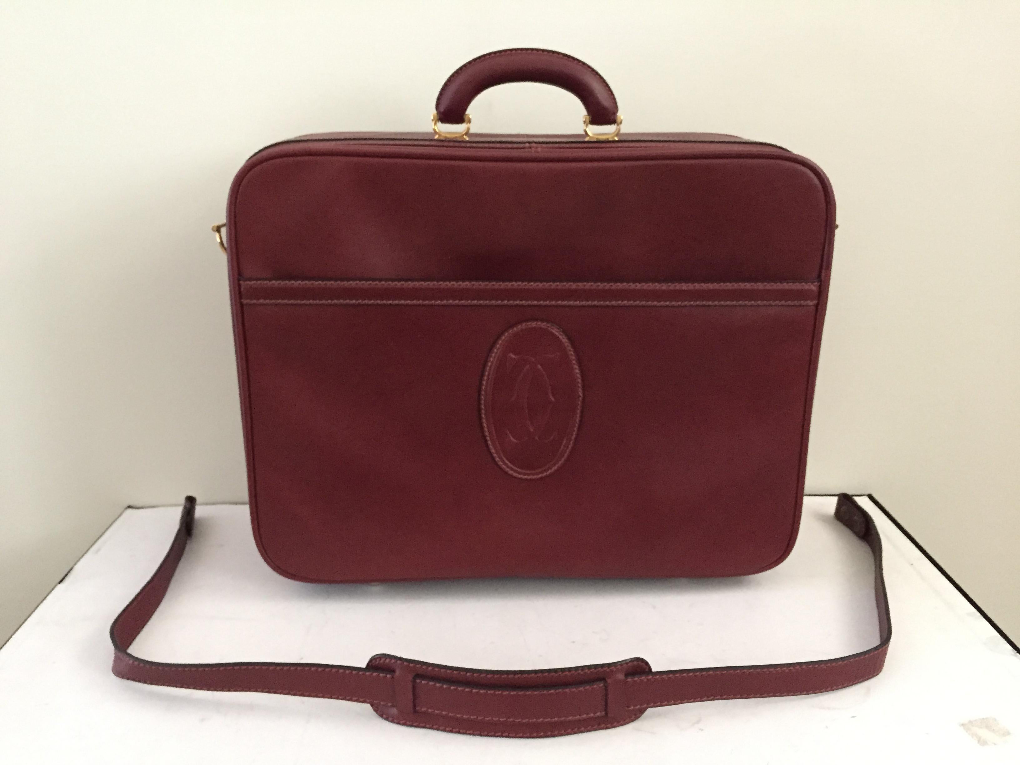 Mid-Century Modern Cartier Les Must de Cartier Burgundy Leather Travel Overnight Suitcase / Luggage