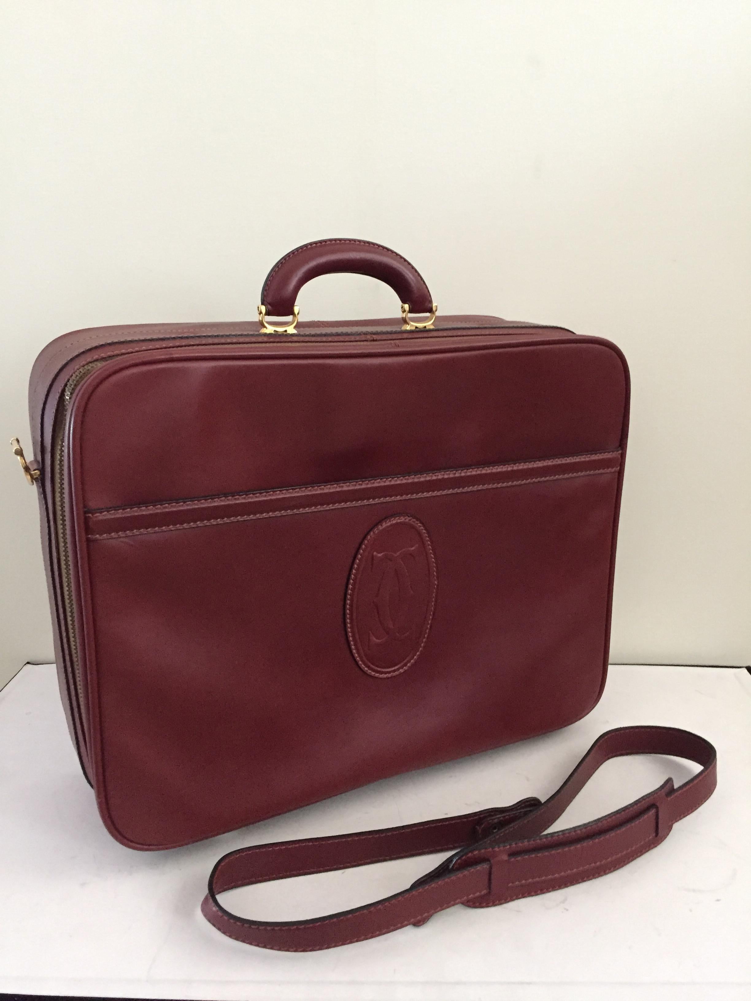 French Cartier Les Must de Cartier Burgundy Leather Travel Overnight Suitcase / Luggage