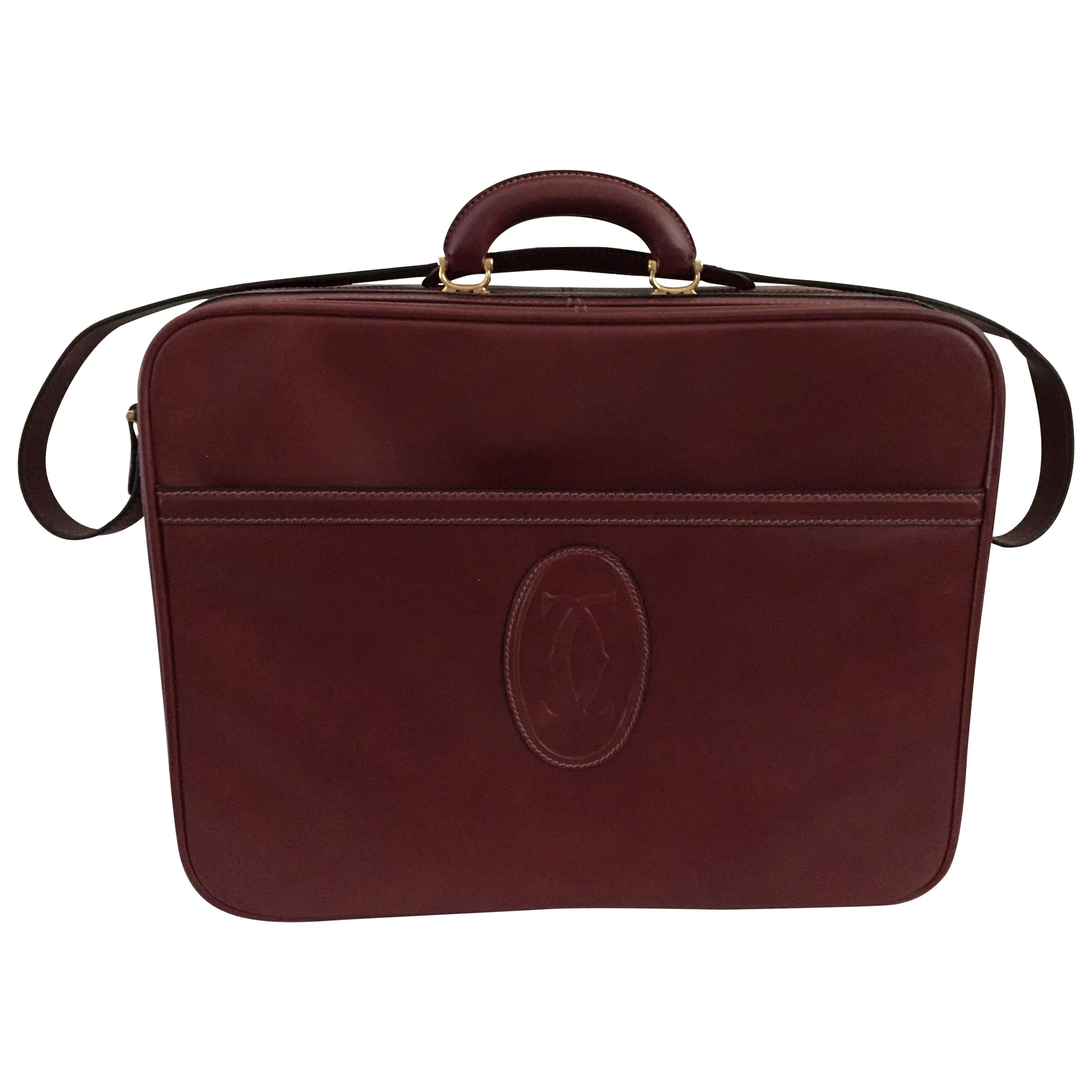 Cartier Les Must de Cartier Burgundy Leather Travel Overnight Suitcase / Luggage