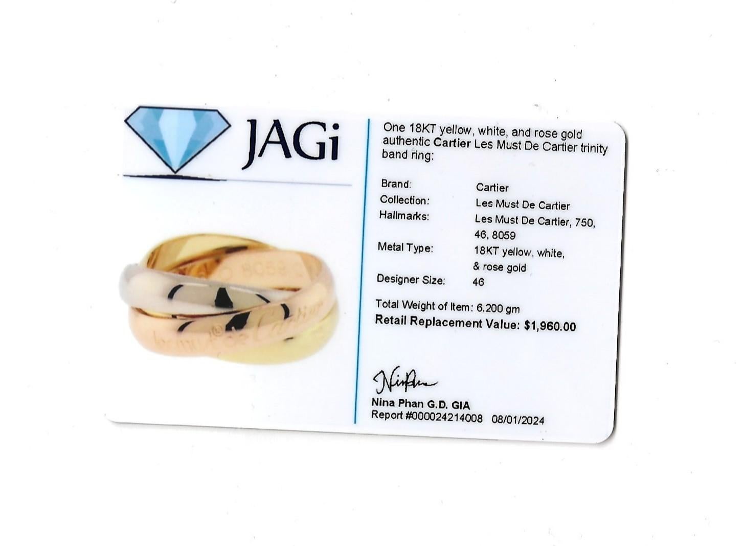 Anello a fascia a trinità Les Must de Cartier in oro giallo, rosa e bianco 18 carati in vendita 9