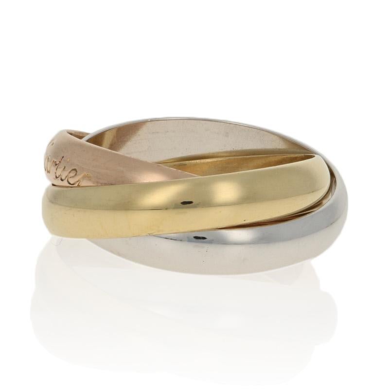 Size: 5 1/2 (European size 50)

Brand: Cartier
Design: Les Must De Cartier Trinity Band

Metal Content: 18k Yellow Gold, 18k White Gold, & 18k Rose Gold

Style: Rolling Band
Face Height (north to south): 9/32