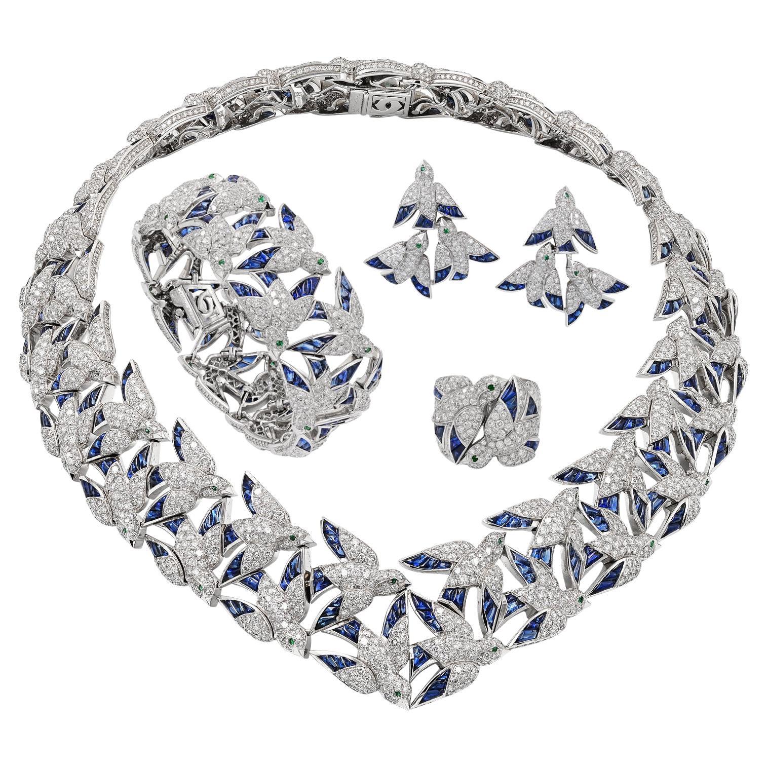 Suite di 5 pezzi con diamanti e zaffiri "Les Oiseaux Liberees" di Cartier