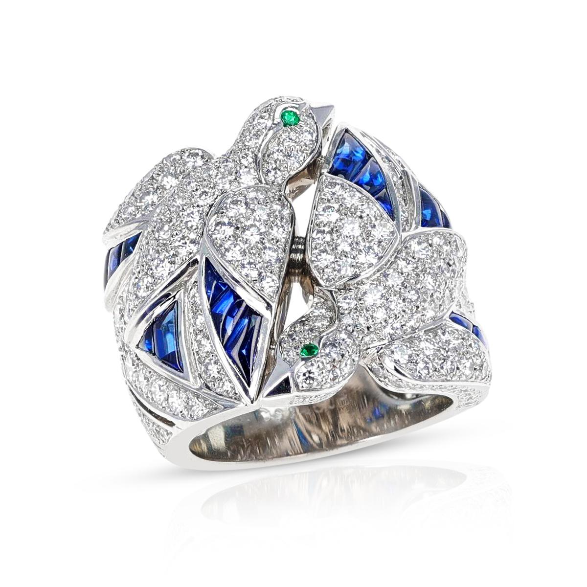 Round Cut Cartier Les Oiseaux Libérés Diamond, Emerald and Sapphire Ring