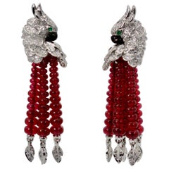 Cartier Les Oiseaux Liberes Ohrringe, Papagei, Rubin, Diamant, Quaste, 18 Karat