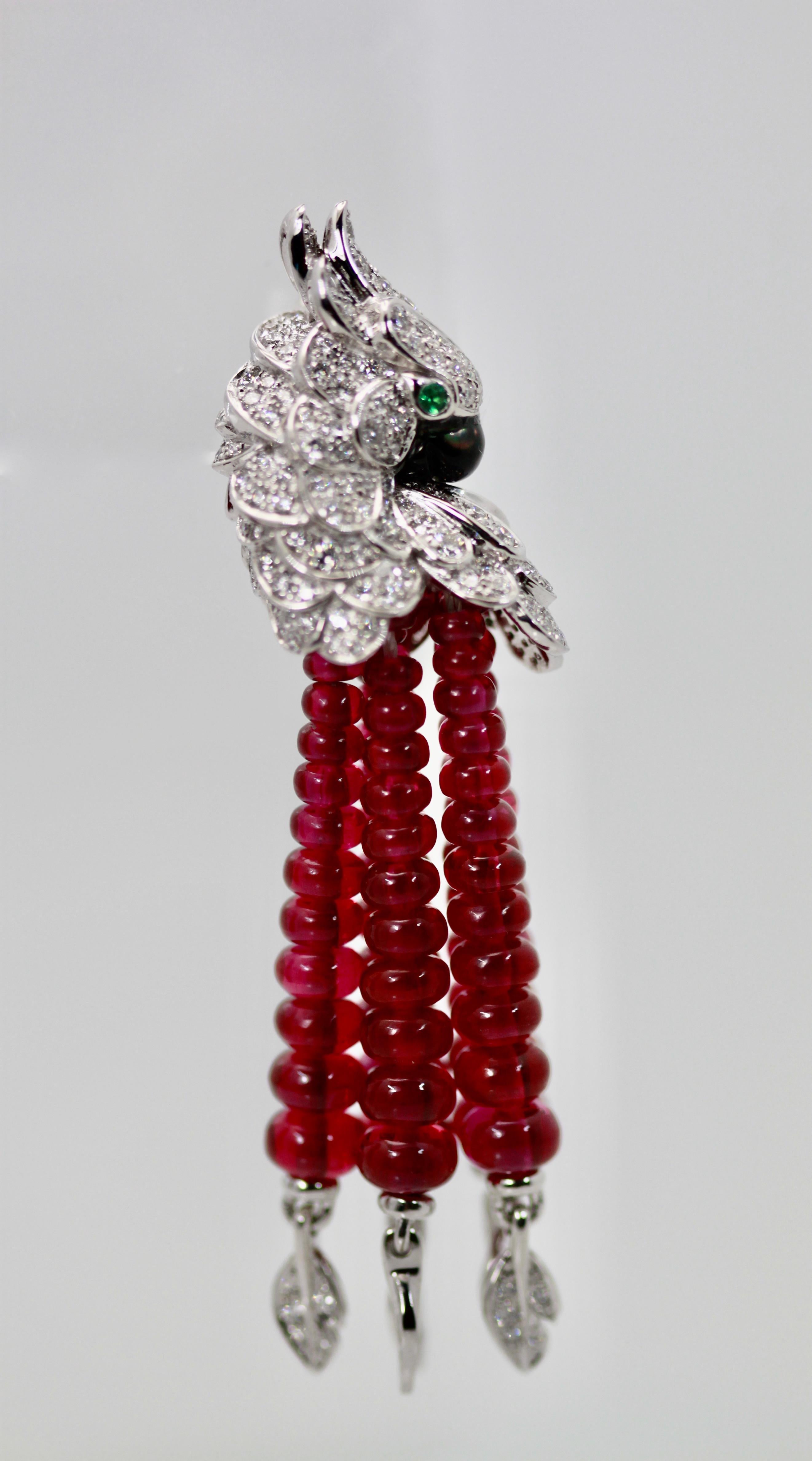 Cartier Les Oiseaux Liberes Ohrringe, Papagei, Rubin, Diamant, Quaste, 18 Karat (Rundschliff)