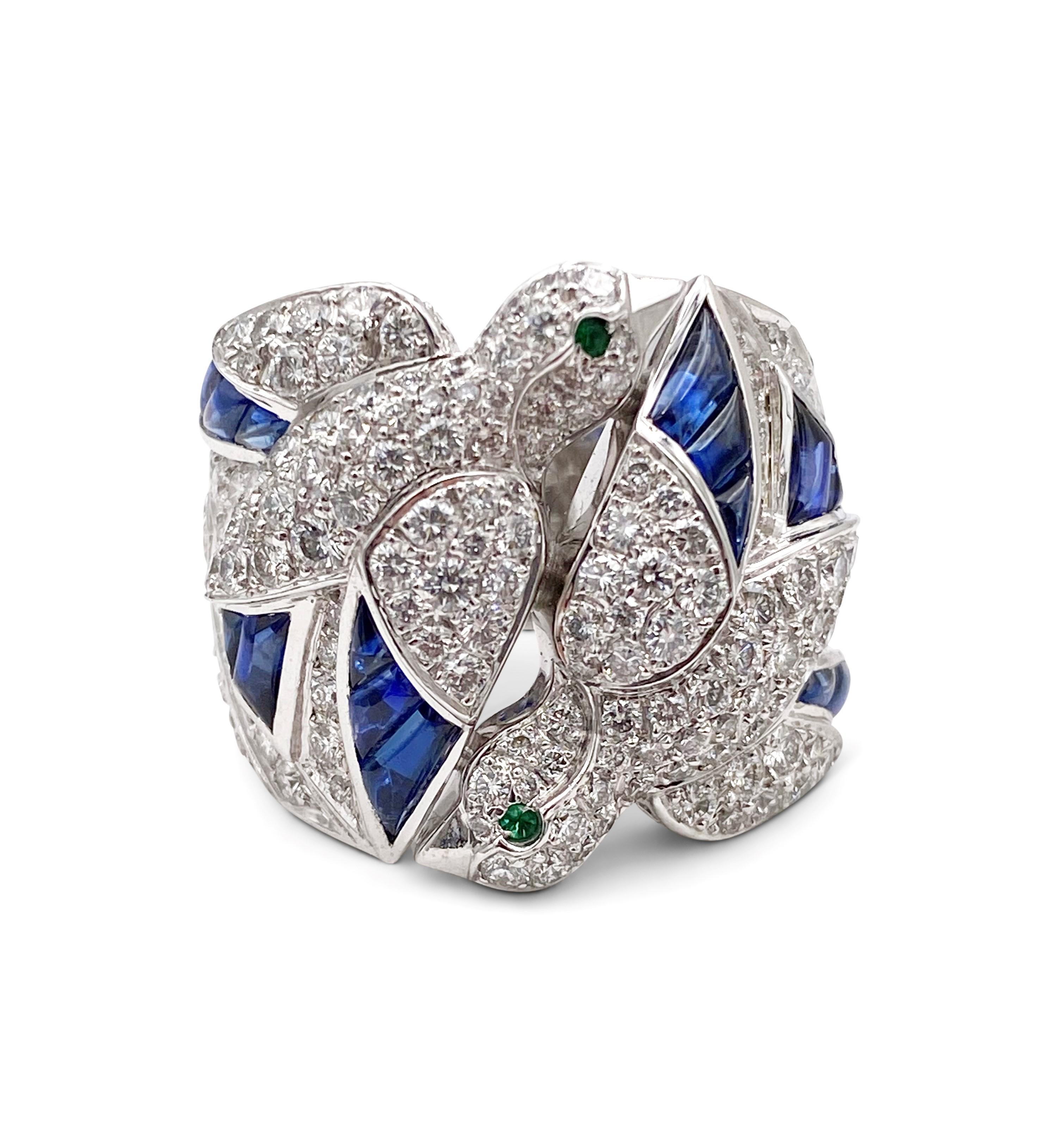Round Cut Cartier Les Oiseaux Liberes Gold Diamond Sapphire Emerald Ring