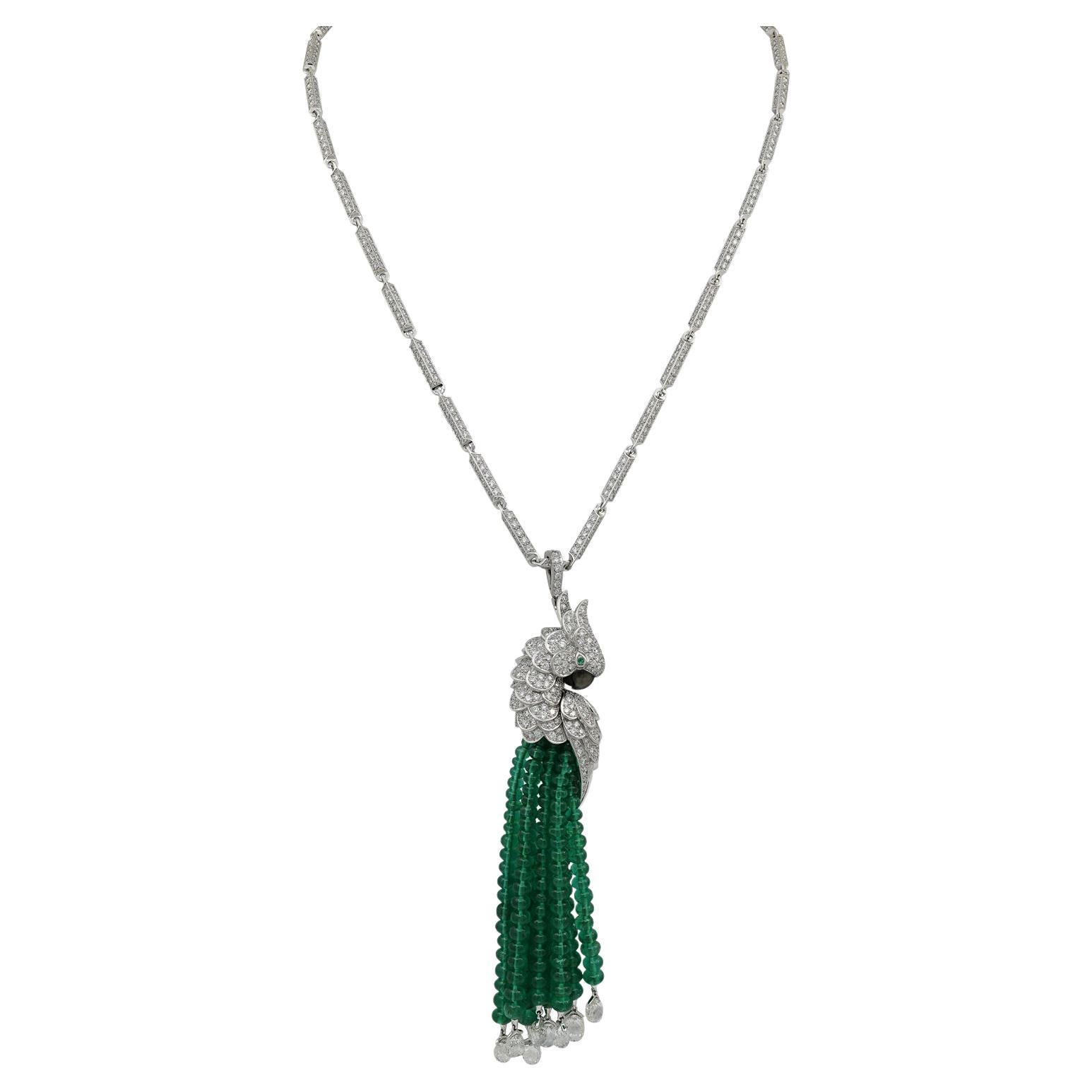 Cartier “Les Oiseaux Liberes” Diamond Emerald Beads Pendant Necklace For Sale