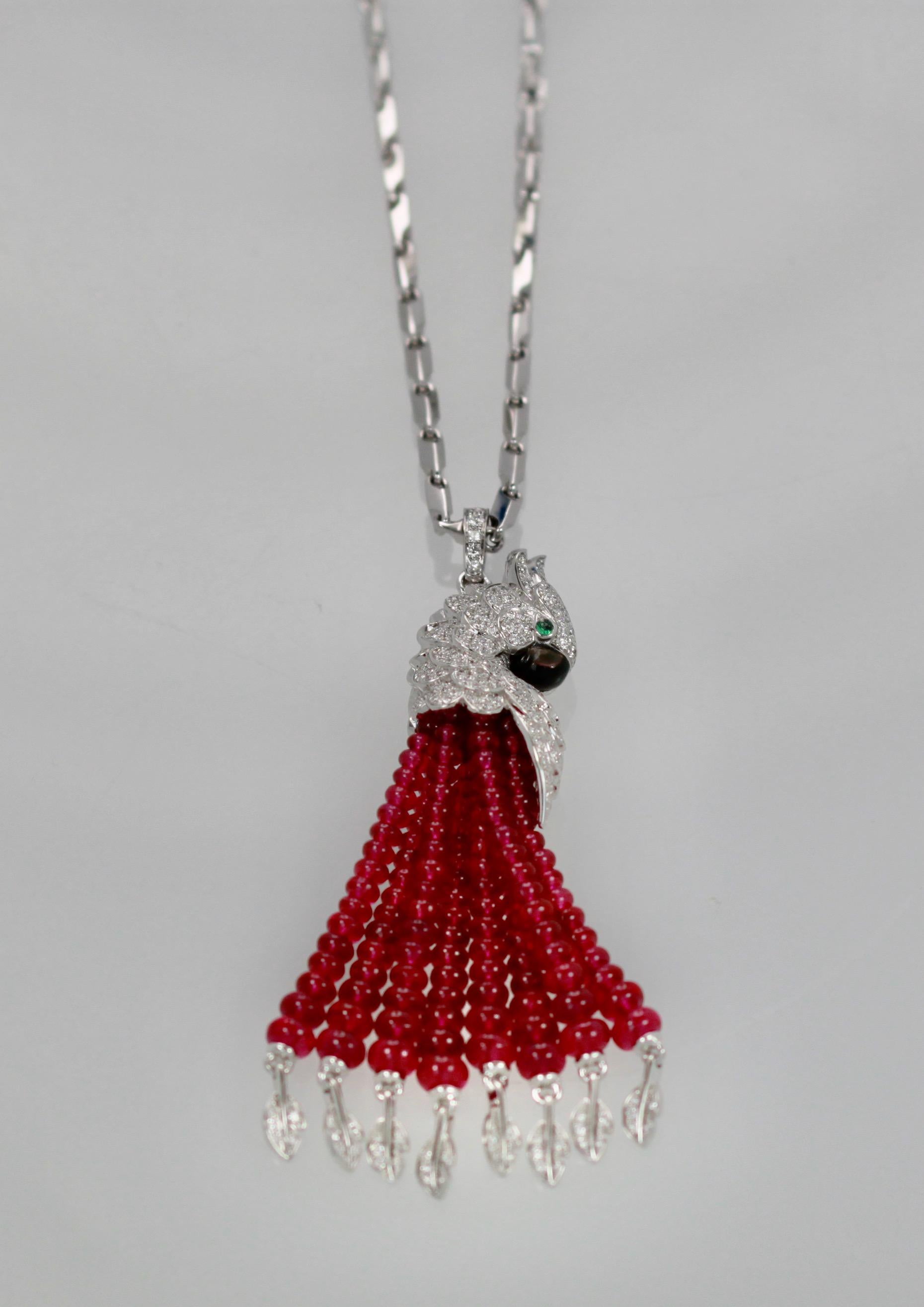 This gorgeous necklace retails for $258,000.  It is new never worn and outstanding.  This necklace has a chain encrusted with Diamonds and the tassels are leaf shaped and covered in Diamonds as well.  The main piece is a diamond head parrot with an