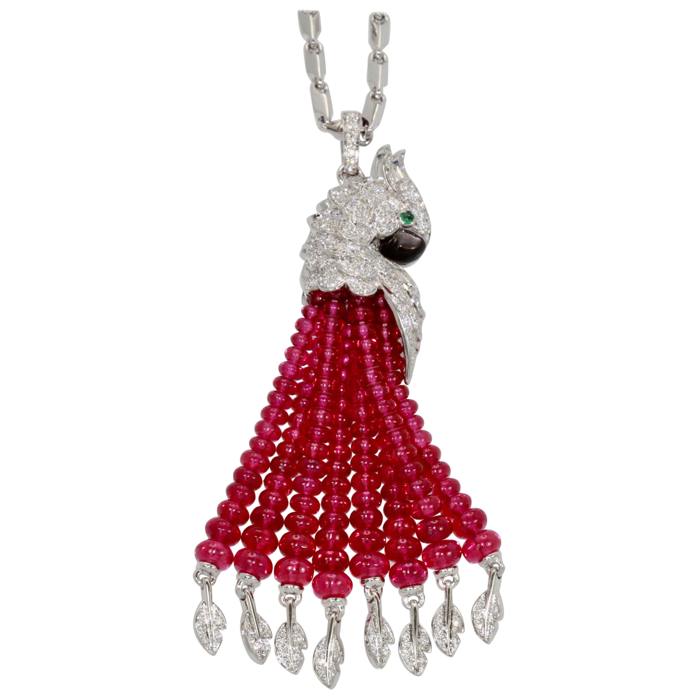 Cartier Les Oiseaux Liberes Ruby Diamond Necklace, Parrot