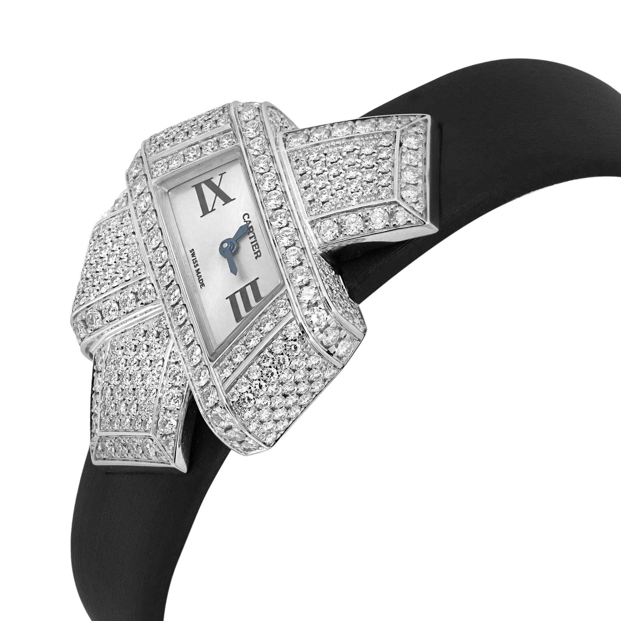 Cartier Libre Noeud 18K White Gold Silver Dial Diamonds Ladies Watch 3080 In Excellent Condition For Sale In New York, NY